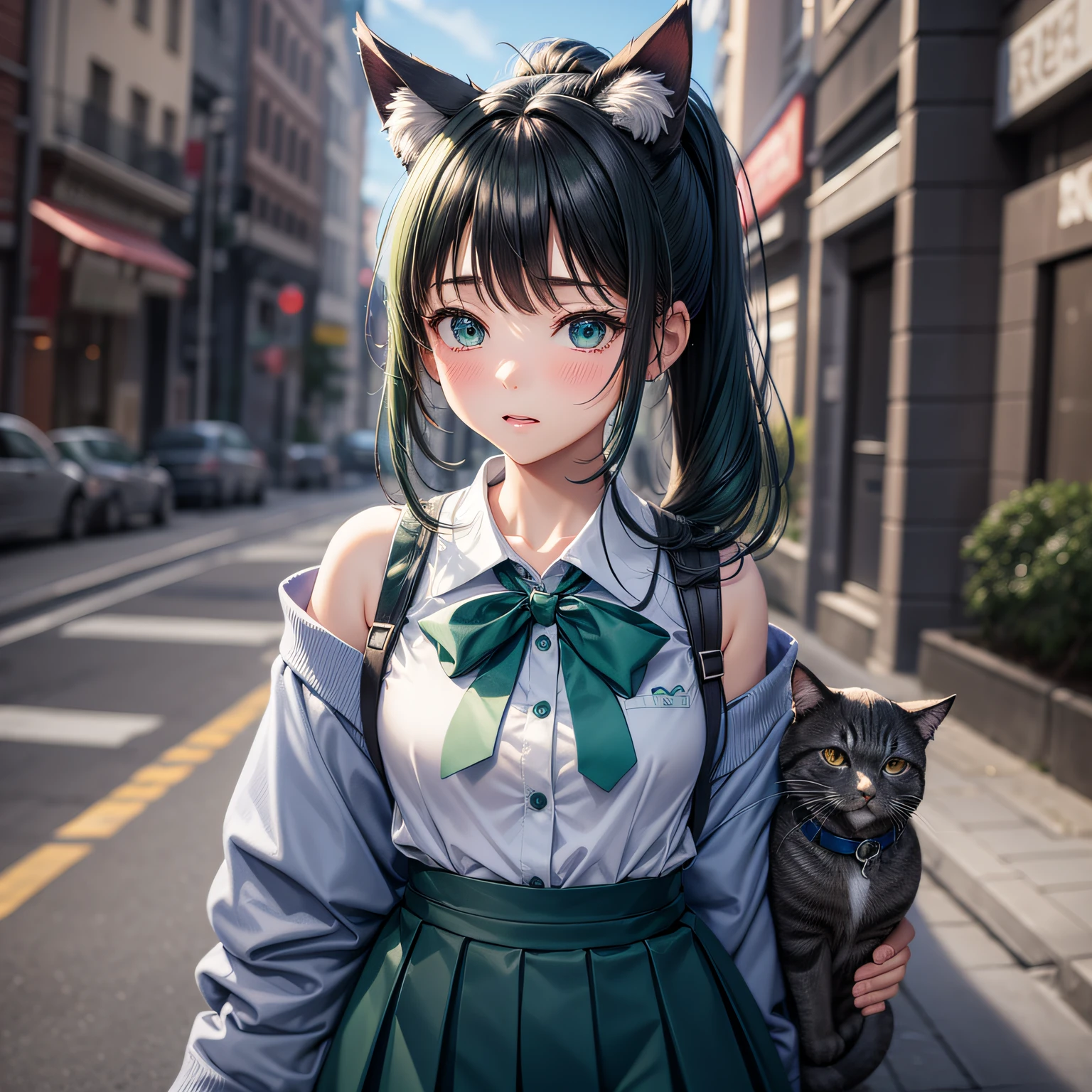 anime girl with a cat on her shoulder, [[[[grinning evily]]]], shikamimi, sayori, cute anime style, Cute anime face, Lori, extremely cute anime girl face, kawaii anime manga style, lolish, cute natural anime face, Cute Anime Girl, small curvy loli, Cute Anime, neferpitou --auto