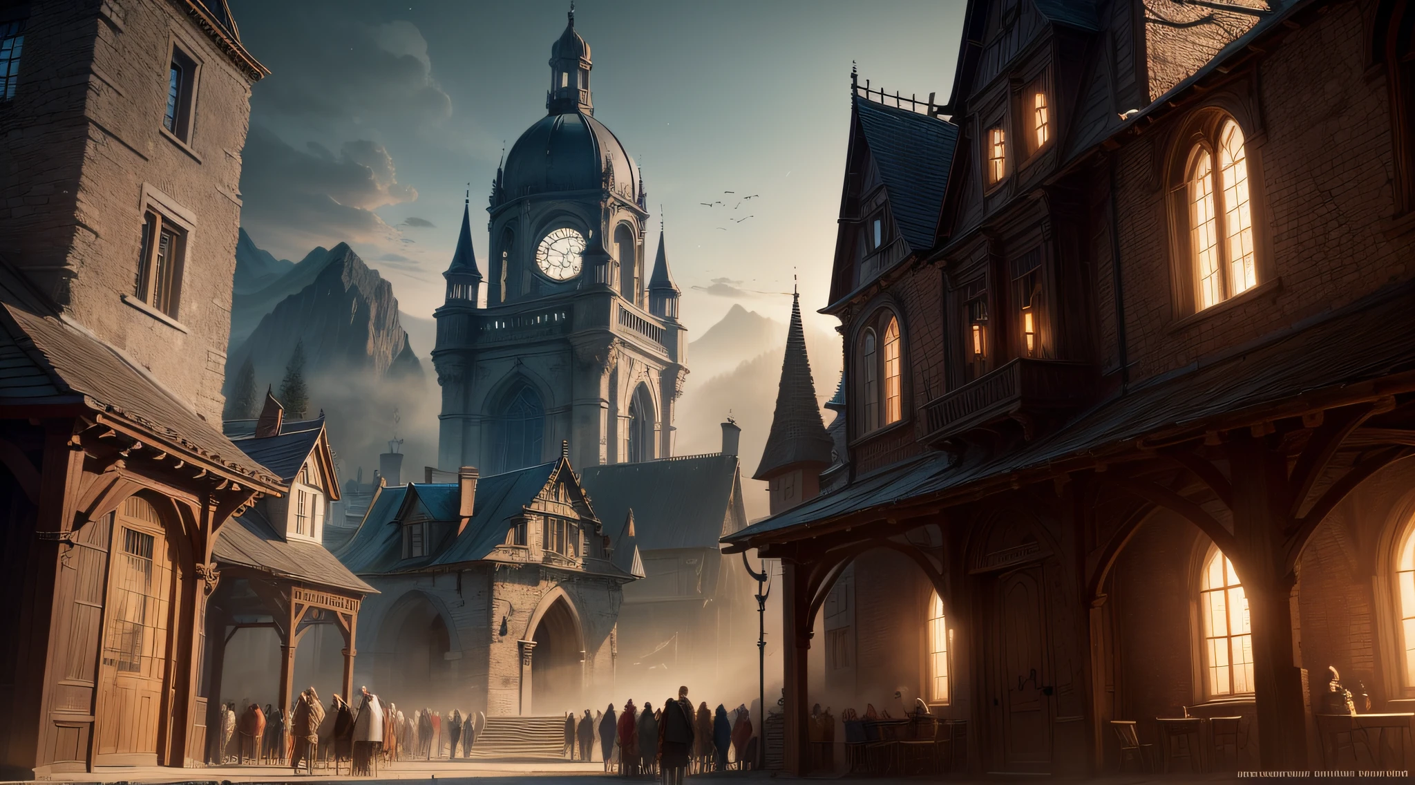 Sparse crowd,rustic,((chic), Best Picture Quality, Visual spectacle, Magical atmosphere, (Fantasy Country OR Quiet Enchanted Country), Summary of details, Immersive, (SPECIAL EFFECT LIGHTING OR LIVE LIGHTING)),middle ages,Europeans,Gothic architecture,Realistic light and shadow,highly resolution,ultra-detailed detailed,Realistic texture,Bold textures,Crazy tattoos are eerie