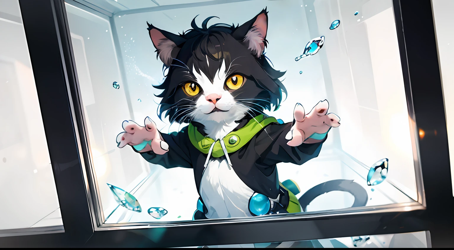 1cat，anthropomorphic turtle，Break through the glass，shake off，pure color background