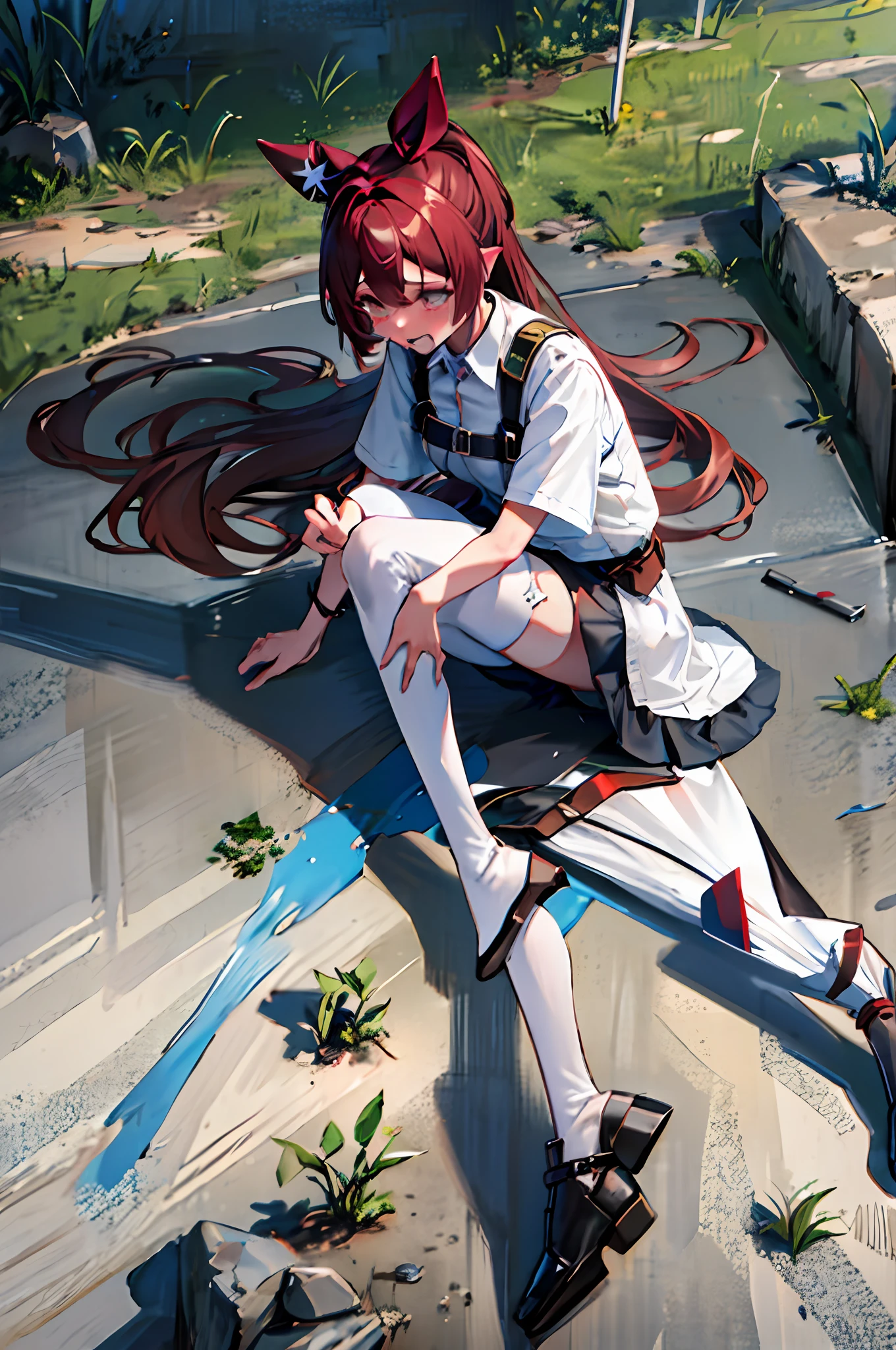 masterpiece,1girl,solo, purple hair, metal collar, tears,cry,tearing up, white legwear, chain leash,crucifixion,high ponytail, center opening:1.2,torn clothes, ahegao,