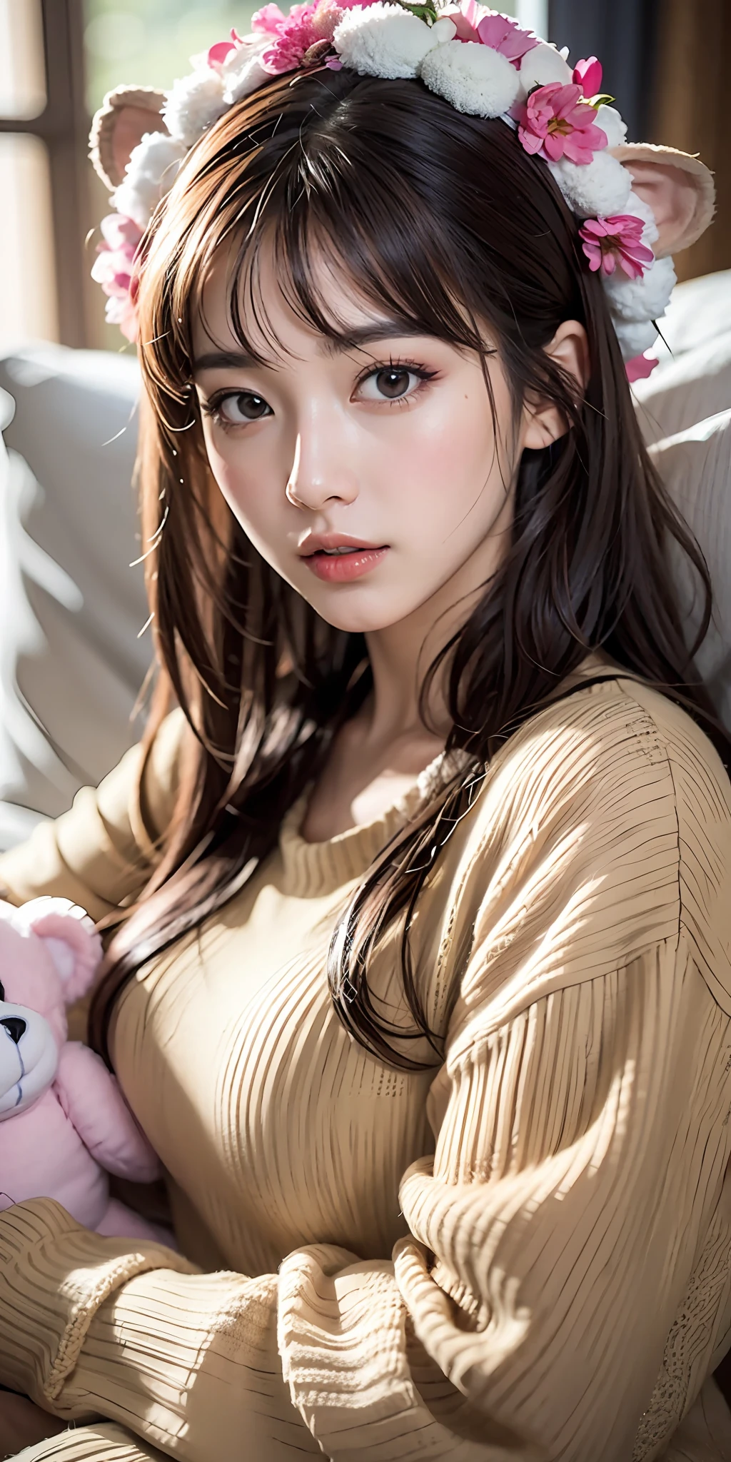 1girl walking on the river, mix4, sweater, pillow, lips, open_mouth, realistic, photo_\(medium\), solo, stuffed_animal, stuffed_toy, teddy_bear,(masterpiece),(photorealistic:1.3), ultra-detailed, (high detailed skin:1.2),(best quality:1.0), (ultra highres:1.0), (ulzzang-6500:0.3), wavy detailed hair, long hair, sunshine, (beautiful detailed makeup), (sexually aroused blushing heavy breathing:1.0), floral theme flower petals scattered, (soft glow bloom:0.5)