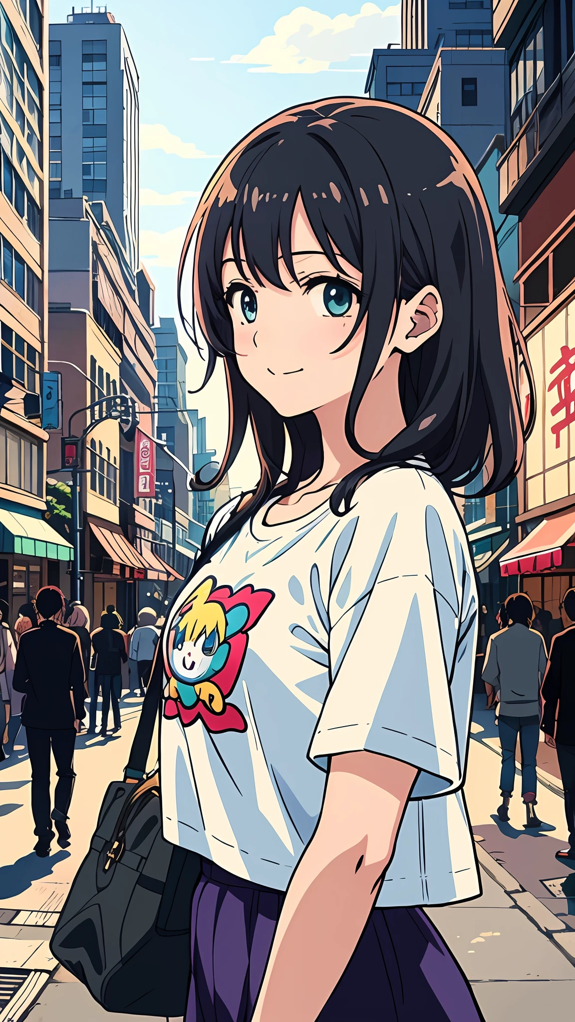 anime girl in a white shirt and purple skirt walking down a street, official artwork, nagatoro, anime moe artstyle, anime visual of a cute girl, official art, anime style illustration, your name movie style, official illustration, official anime artwork, anime cover, anime style. 8k, anime style 4 k, anime style portrait, digital anime illustration