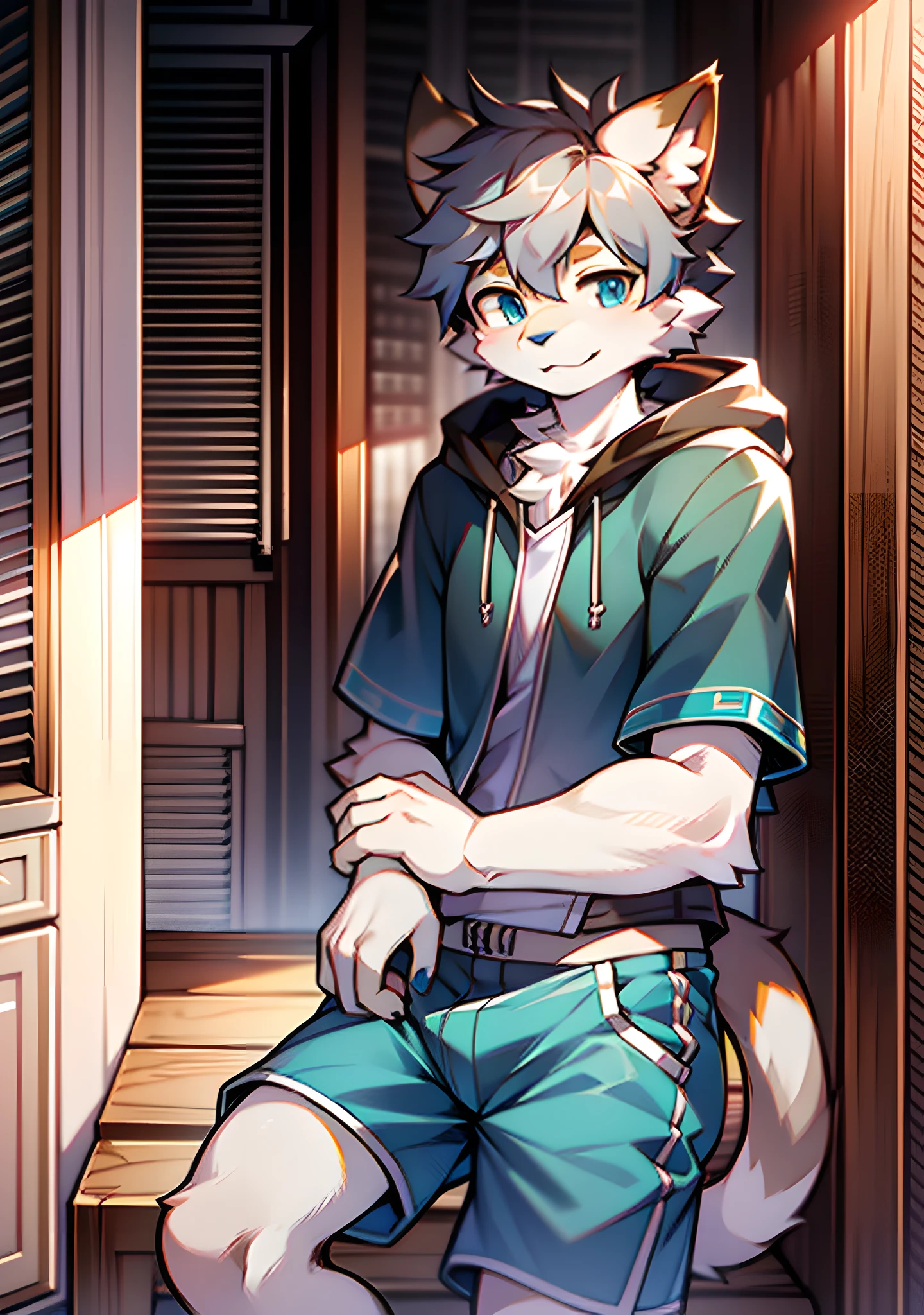 bright eyes, panorama, character focus solo, furry, furry male cat, male yellow-white fur, blue eyes, gray hair (long), wearing blue shorts and shorts, casual clothing, young style, height one meter seven, handsome, has a tail,
