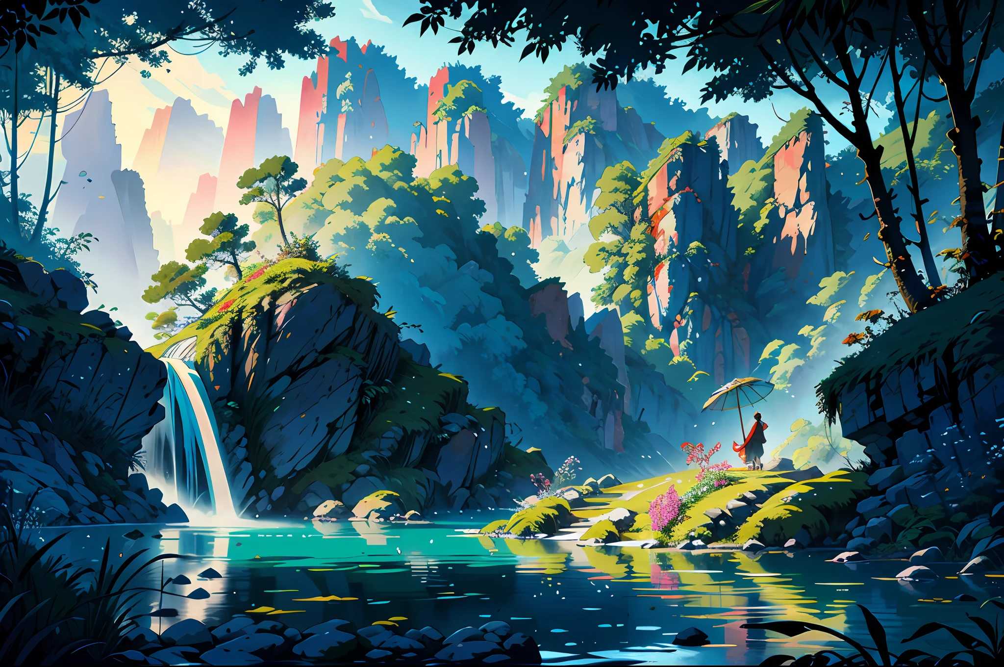 Chinese ancient times, spring, jungle, lake, cave, waterfall, tree, meadow, rock, deer, hot spring, water vapor, 1 girl looking at the scene, (illustration: 1.0), epic composition, realistic lighting,Detailed,Realistic,4k highly detailed digital art,octane render, bioluminescent, BREAK 8K resolution concept art, realism,by Mappa studios,masterpiece,best quality,official art,illustration,ligne claire,(cool_color),vibrant color,perfect composition,absurdres, fantasy,focused,rule of thirds,