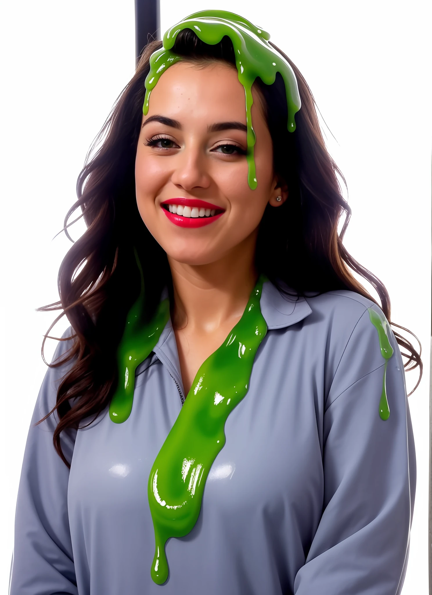 (4k, high level of detail, HDR, DSLR, realistic) woman, Latina, perfect figure, curves, curly hair, tight curls, red lipstick, covered in green slime, slime dumped on woman, green slimed hair, neon  green, neon green goo, gunged, green gunge, green paint, goo, sticky, smile, glee, happy, Nickelodeon slime, splattered, drenched, soaked, slimy, slimy, slimy, slimy, slime in hair, full coverage, slippery, sensual, splat, sloppy, goop, thick, dark green sludge, Nickelodeon slime, deluge, oozing slime, dripping slime, green slime on her hair, slime on her head, plume of slime from above, slime from above, covered in green slime, ooey gooey, goo in hair, goo on hair, goo on head, green snot, snotty, green mucus, green slime, green slime, green slime, green slime, green slime, green, slimed, slimed, slimed, slimed, slime on head, green paint, green paint in hair, thick, slime, creamy, slime on face, green goo on face, dripping