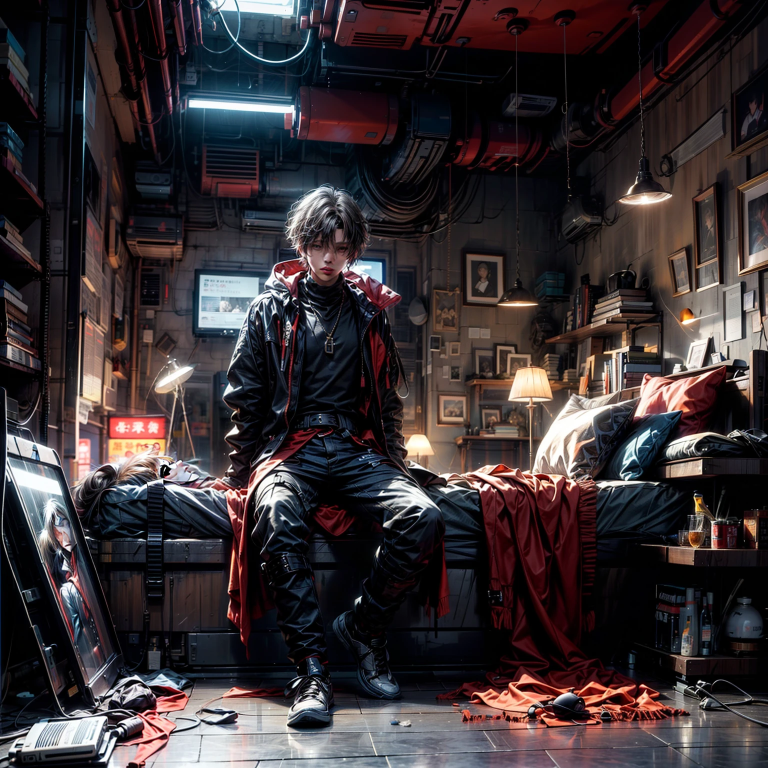 ultra detaile、High resolution and top quality CG Unity 8k wallpaper,nmasterpiece,masterece-piece,inside room,The background is a museum,A boy sits and eats,Solo,Don't face the camera
