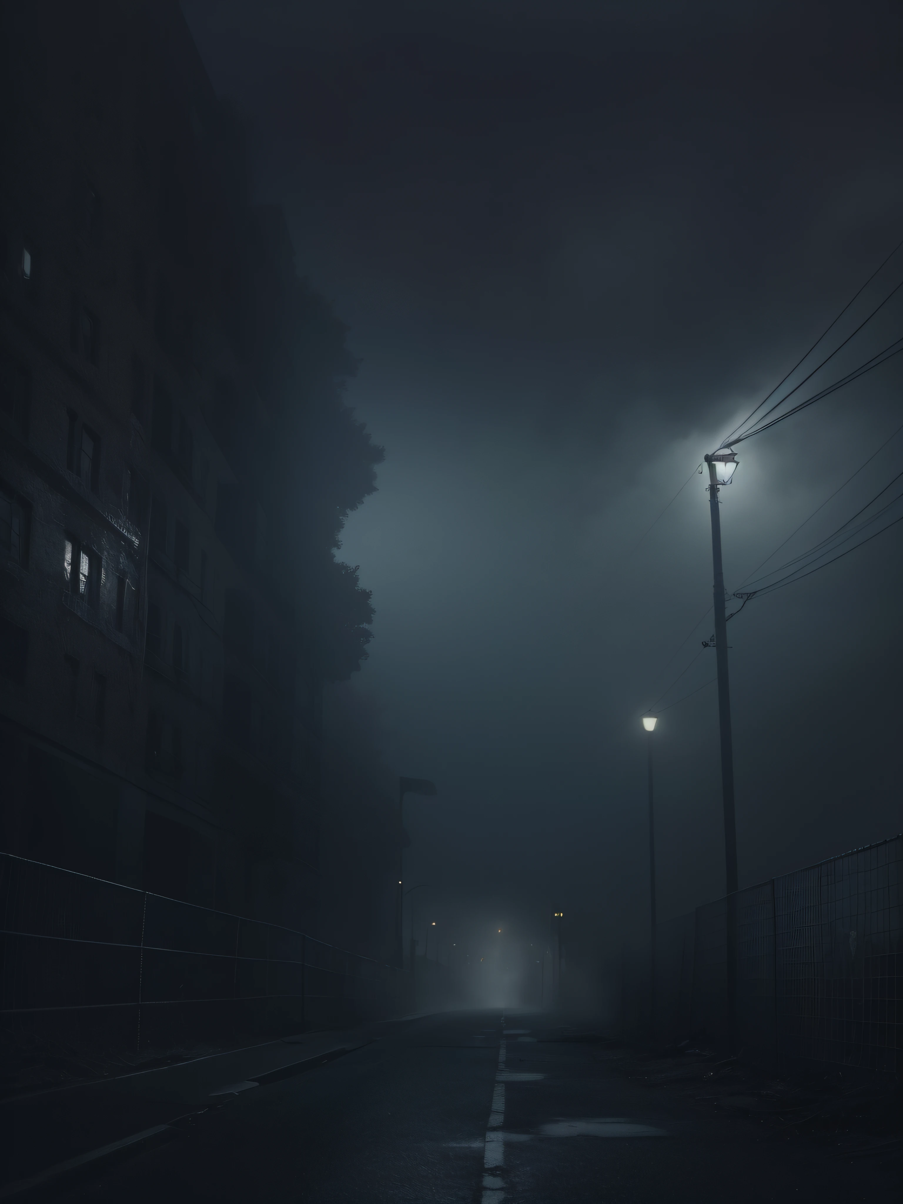 Horror, On the street there are barriers made of boards and barbed wire, monsters in the style of Silent Hill, high detial, Overcast, Heavy fog, rust