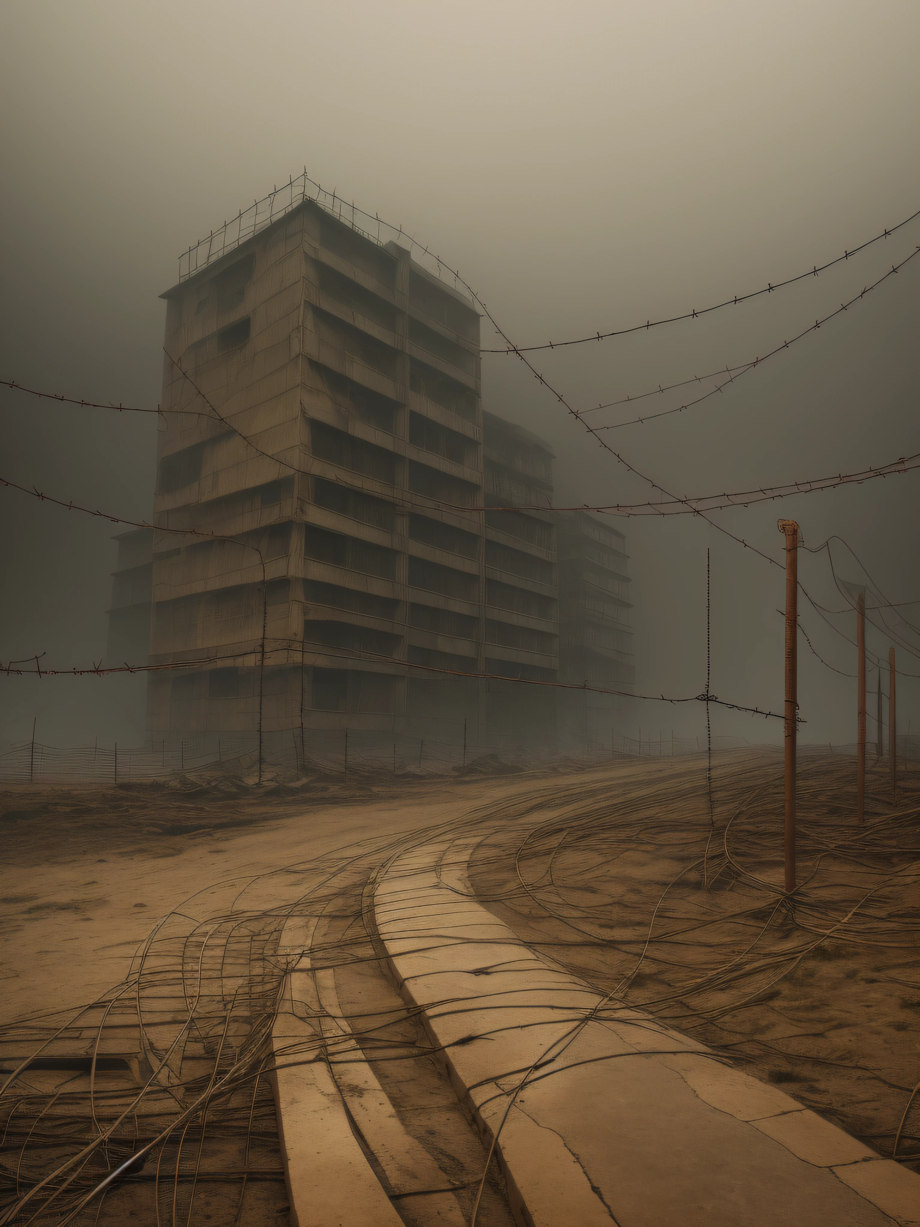 Horror, barricades made of boards and barbed wire, post-apocalypse, monsters in the style of Silent Hill, high detial, Overcast, Heavy fog, rust