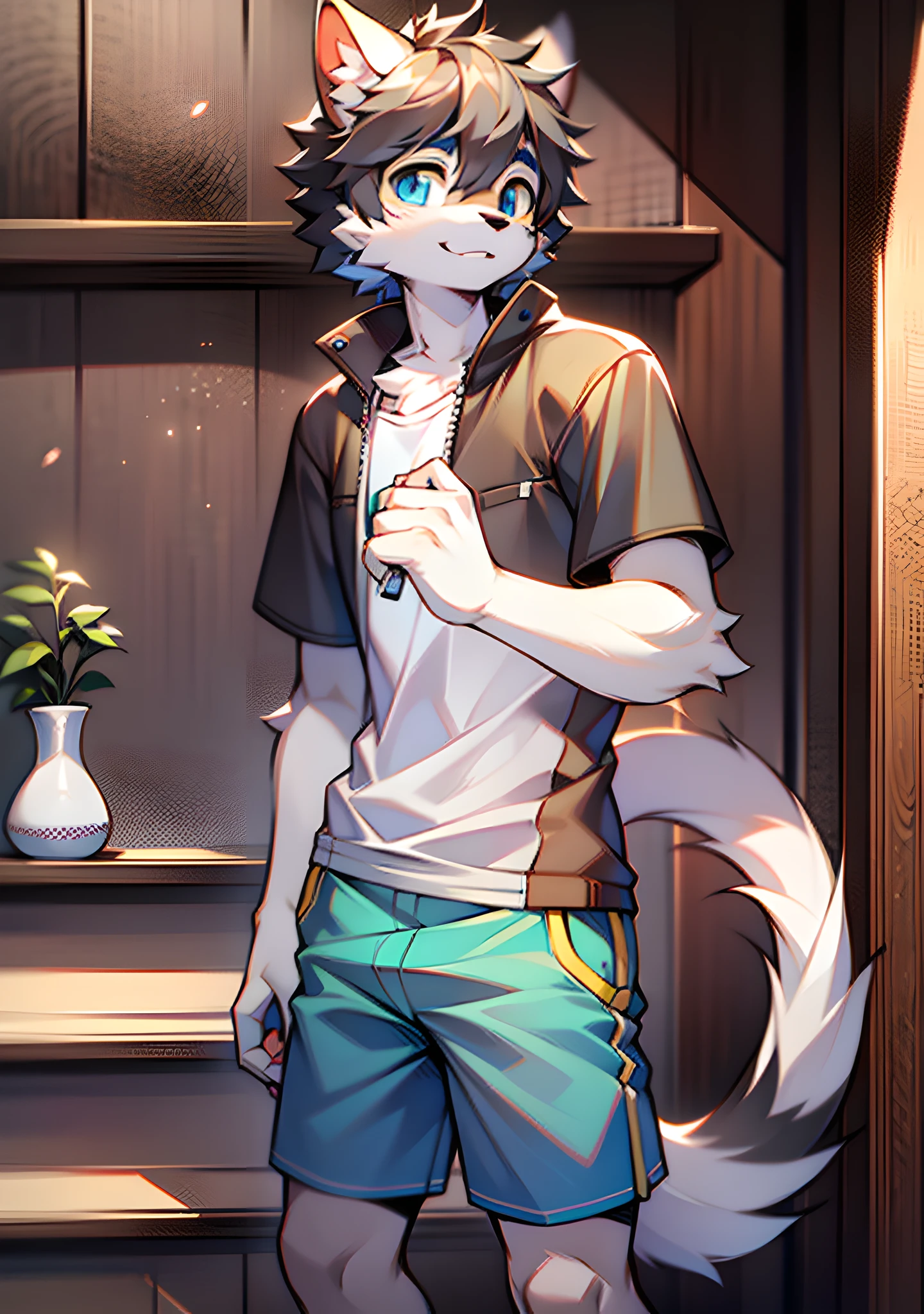 bright eyes, panorama, character focus solo, furry, furry male cat, male yellow-white fur, blue eyes, gray hair (long), wearing blue shorts and shorts, casual clothing, young style, height one meter seven, handsome, has a tail,