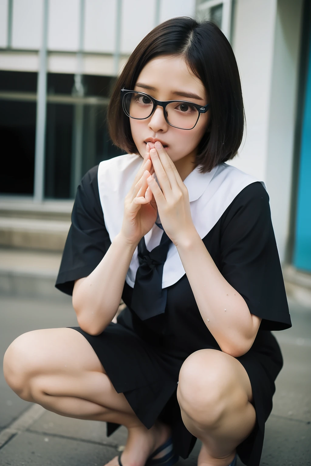 Girl masturbating、chestnut hair、wears glasses、sailor suits、squatting posture、straight-hair、Short hair、mesugaki、ビッチ、sucking on condoms, Underwear, Wet school uniform,Smeared with mucus