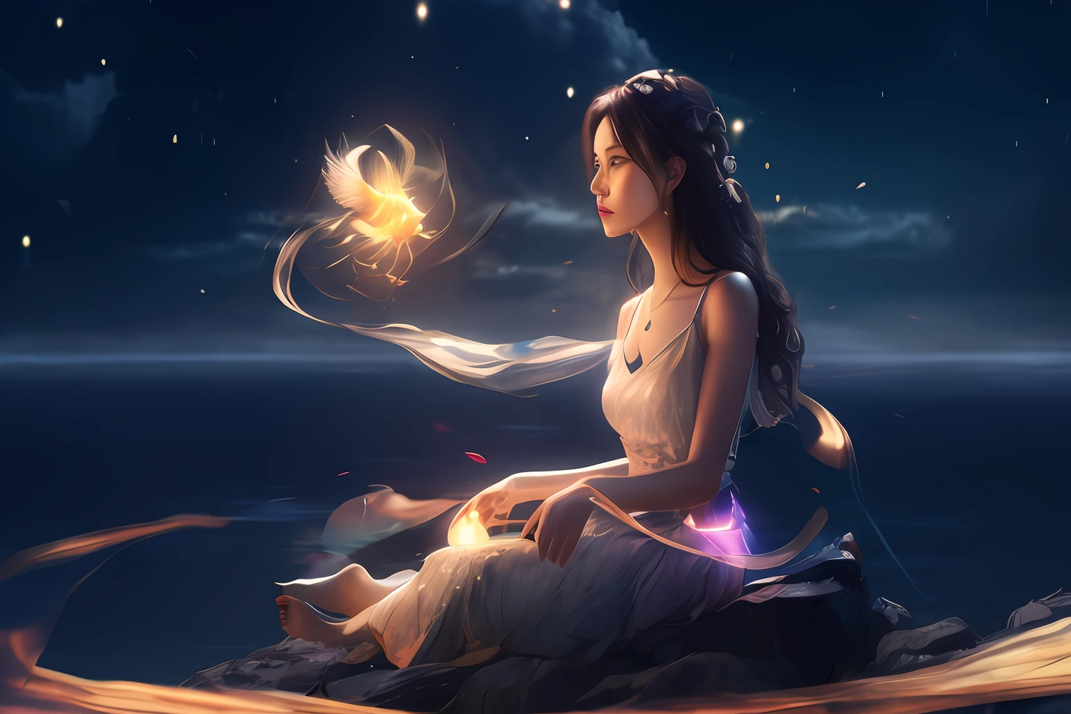 There was a woman sitting on a rock,A bird flies above her head。, Beautiful digital artwork, beautiful fantasy art, digital art fantasy art, digital art fantasy, very beautiful fantasy art, beautiful fantasy art portrait, beautiful digital art, Beautiful art UHD 4 K, fantasy digital art, beautiful fantasy portrait, Very Beautiful Digital Art, fantasy beautiful, beautiful gorgeous digital art