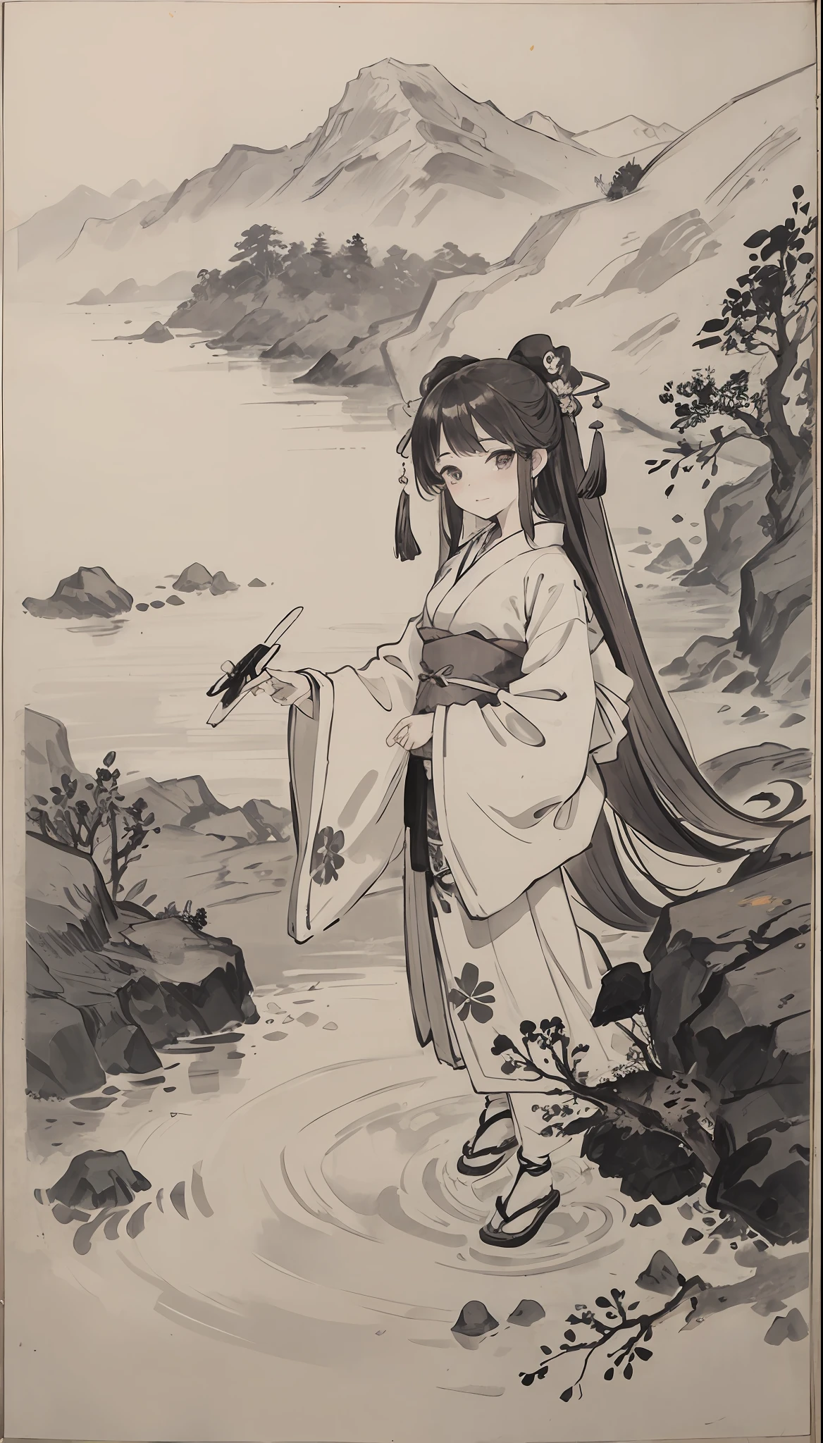 (Masterpiece, black and white,best quality: 1.2), traditional Chinese ink painting, green mountains, rivers, simple composition,1 japanese girl, kimono, looking at viewer