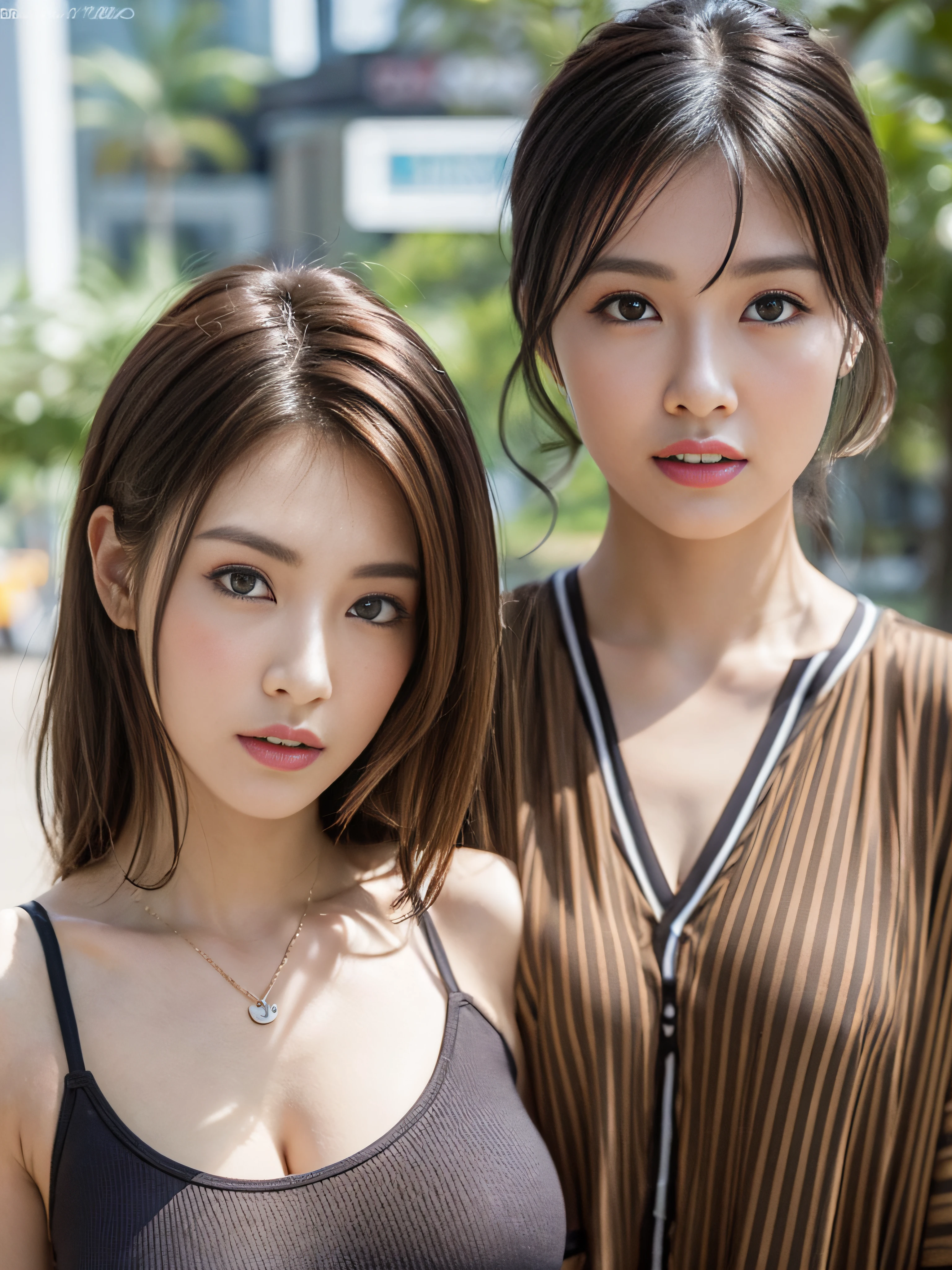 ((Realistic lighting、Top Quality、8K、Master Masterpiece:1.3))、Clear focus:1.2、 a girl、Perfect Body Beauty:1.4、Slim abs:1.1、a whole body、((dark brown hair、a large breast:1.3))、(Acceleration:1.4)、(al fresco、Daylight:1.1)、View of Waikiki Beach、Palm Tree、slender face、Fine eyes、Double eyelidd、poses of fashion models、Floating hair、tshirts、Pendants、