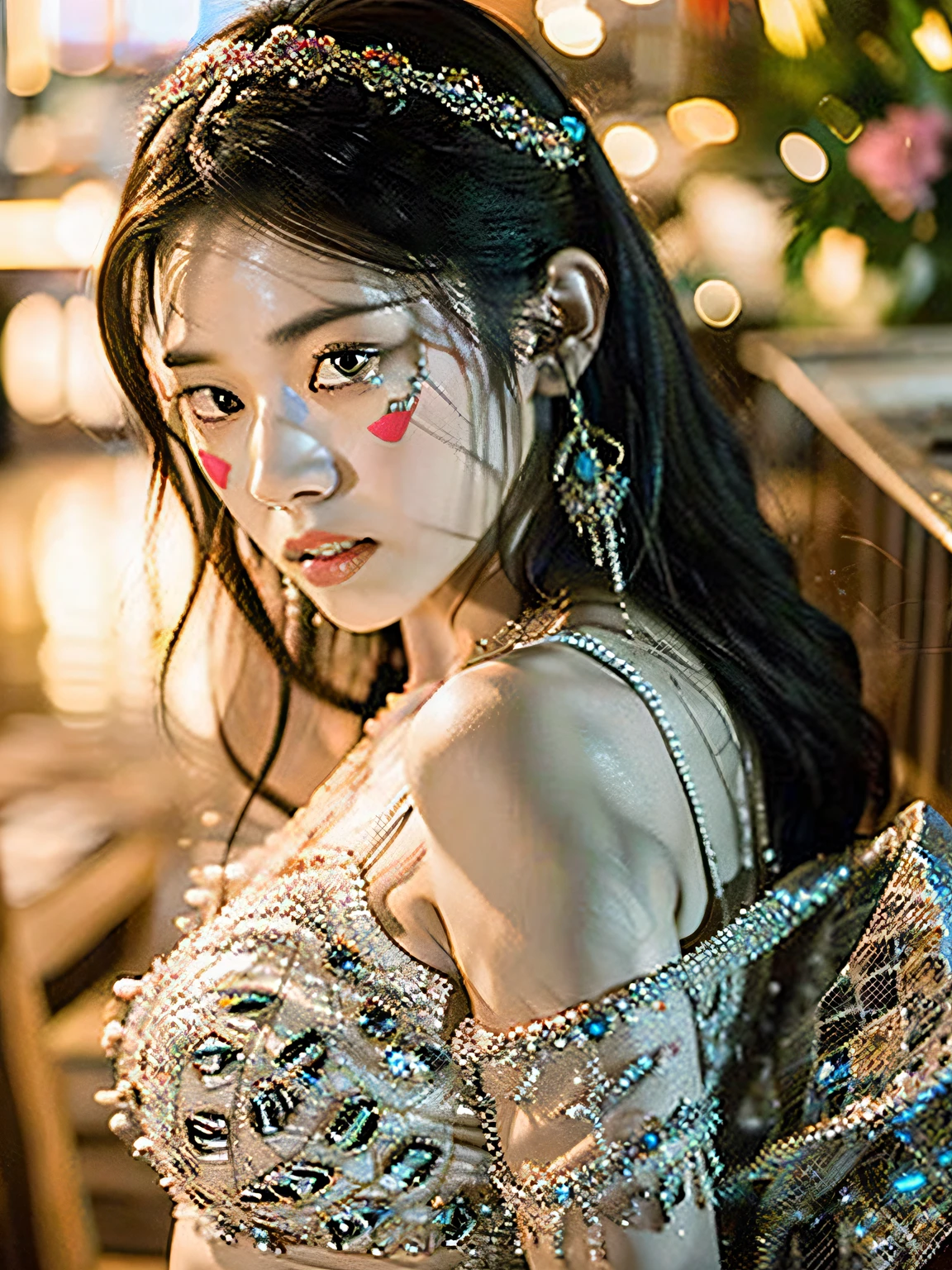 (RAW photo, best quality), (real, photo fidelity: 1.3), best quality, highly detailed, masterpiece, super detailed, illustration, 1 girl, upper body, dynamic angle, long hair, best quality, very detailed CG unified 8K wallpaper, movie lighting, lens_flash, dunhuang_style