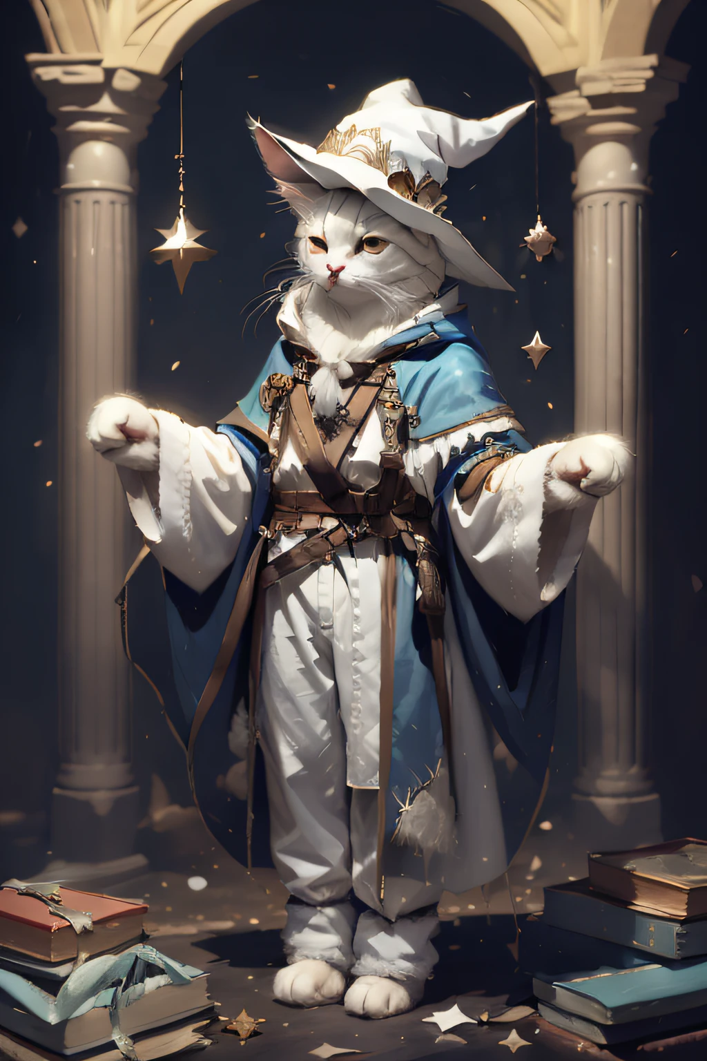 fullbody portrait, blue c4ttitude, wearing white magician outfit, wizard hat