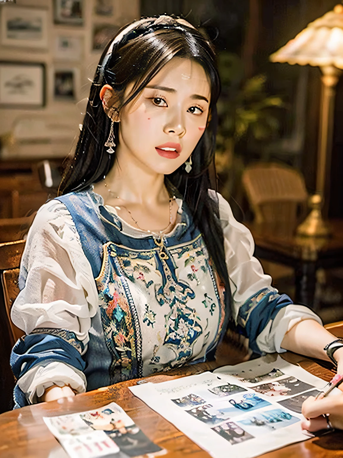 (RAW photo, best quality), (real, photo fidelity: 1.3), best quality, highly detailed, masterpiece, super detailed, illustration, 1 girl, upper body, dynamic angle, long hair, best quality, very detailed CG unified 8K wallpaper, movie lighting, lens_flash, dunhuang_style