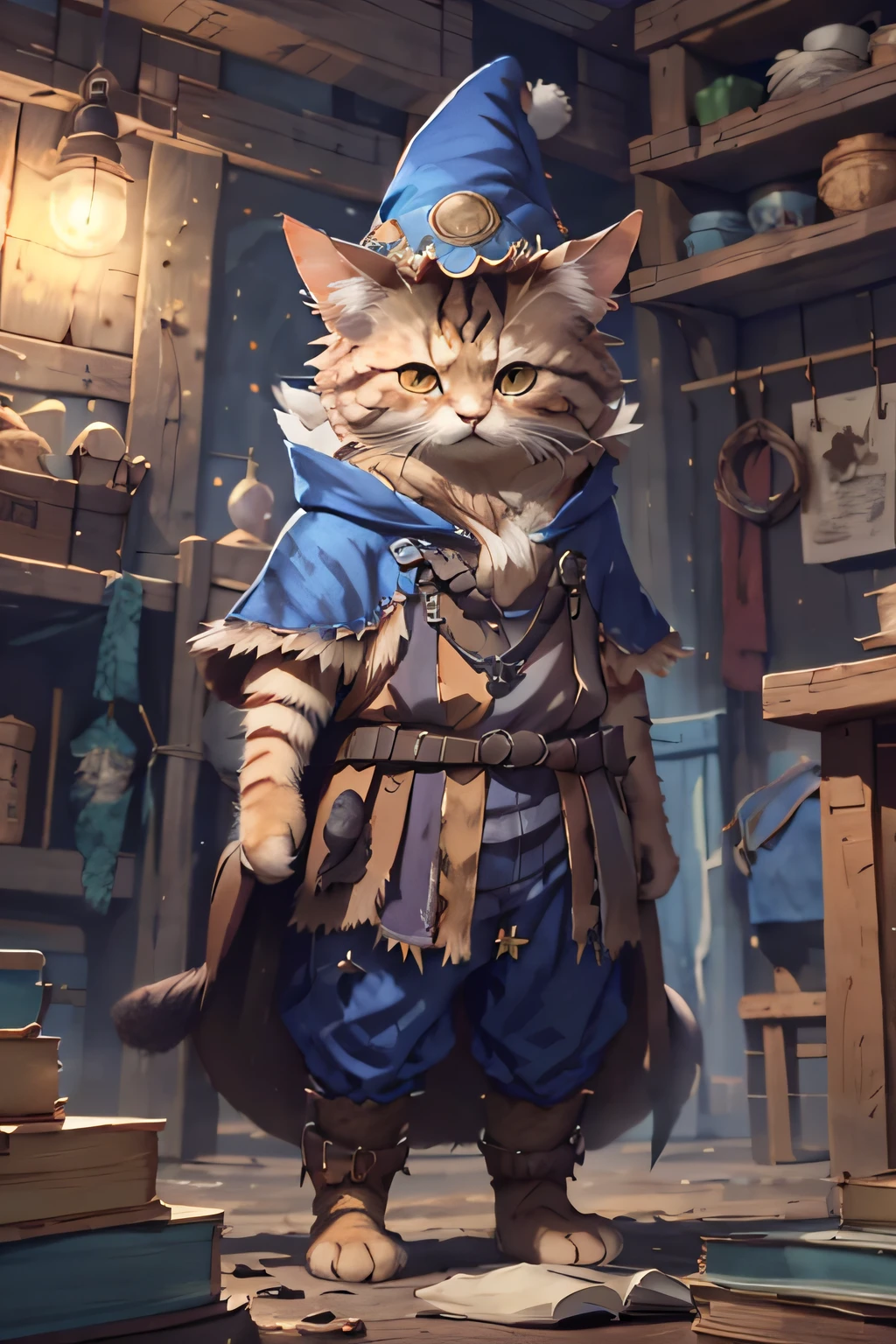 fullbody portrait, brown c4ttitude, wearing blue magician outfit, wizard hat