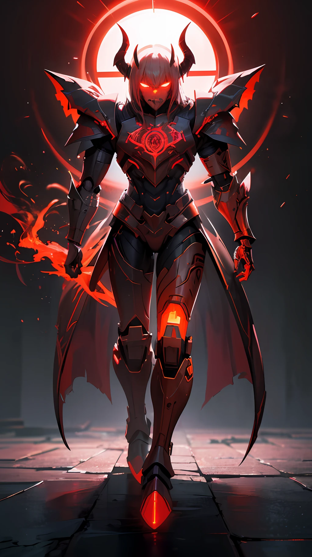 a close up of a person with a red and black costume, led - lit armor, full body concept, red demon armor, emitting evil red aura, with glowing runes on the body, cyborg satan, demon armor, intricate glowing mecha armor, red armor, glowing lights in armor, detailed full body concept, demon soul concept art, demon noble character design