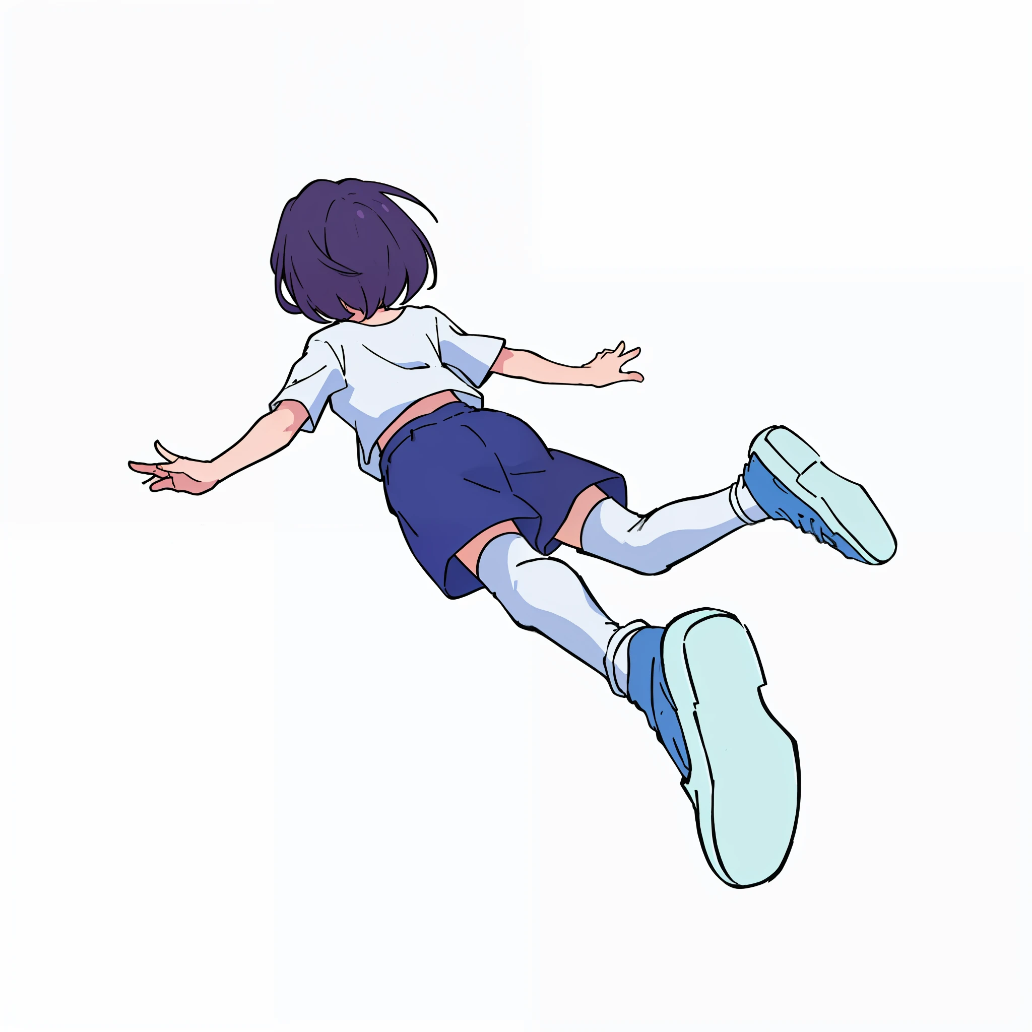 8K，Cartoon girl flying in the air, girl, 2 d anime style, the anime girl is crouching, she is floating in the air, lying dynamic pose, character is flying, flying anime esper, Short dark purple hair, white t shirt，Blue Short，White knee-length socks，Light blue sneakers, flat anime style, 2d anime, Japanese animation style, white backdrop，anime pose，best qualitiy