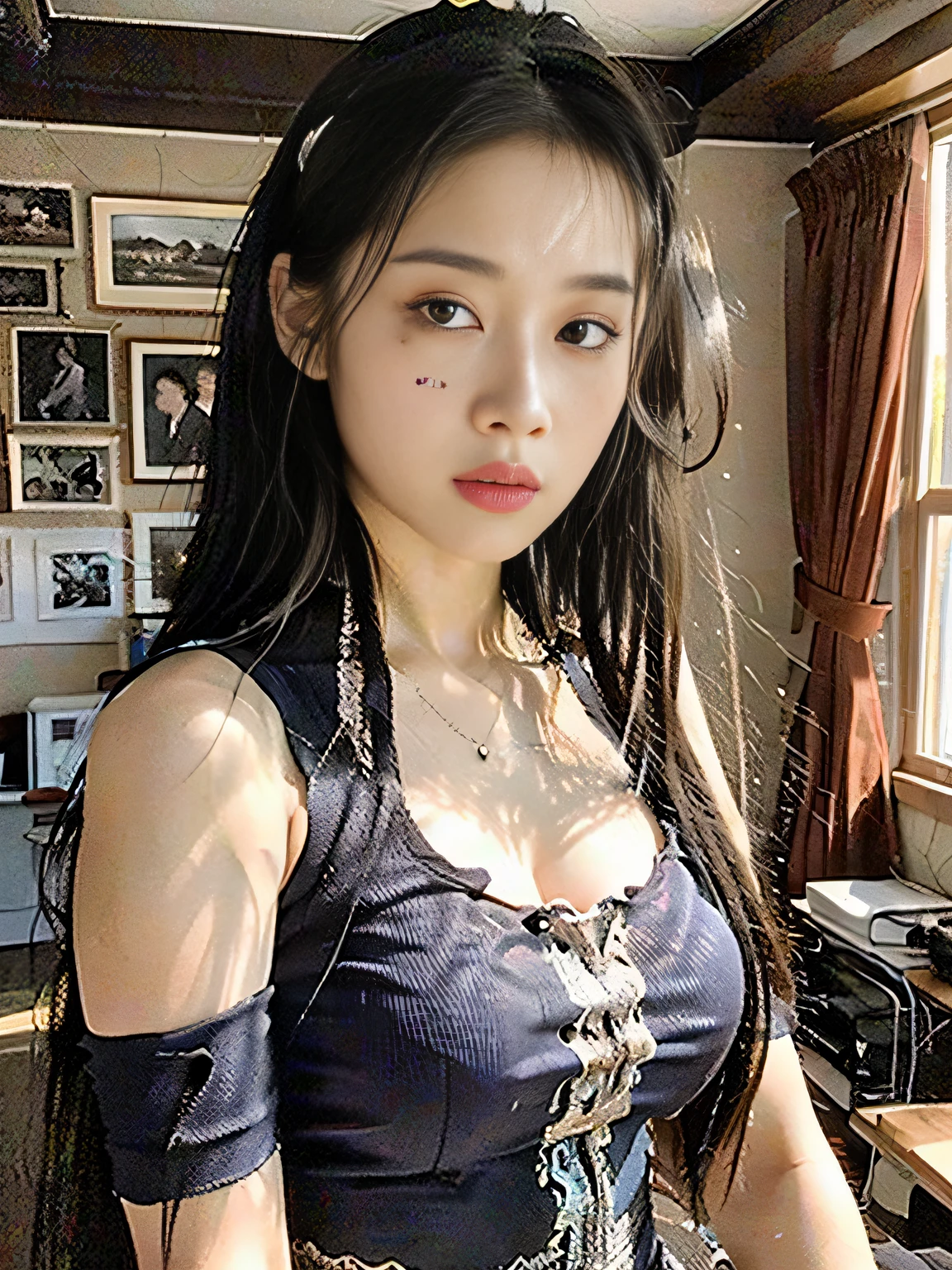 (RAW Photo, Best Quality), (Real, Photo Realism: 1.3), Best Quality, Highly Detailed, Masterpiece, Ultra Detailed, Illustration, 1 Girl, Upper Body, Dynamic Angle, World Mastery Theater, Messy_Long Hair, Best Quality, Very Detailed CG Unified 8K Wallpaper, Ink, Amazing, Movie Lights, Lens_Flash, Dunhuang_Style