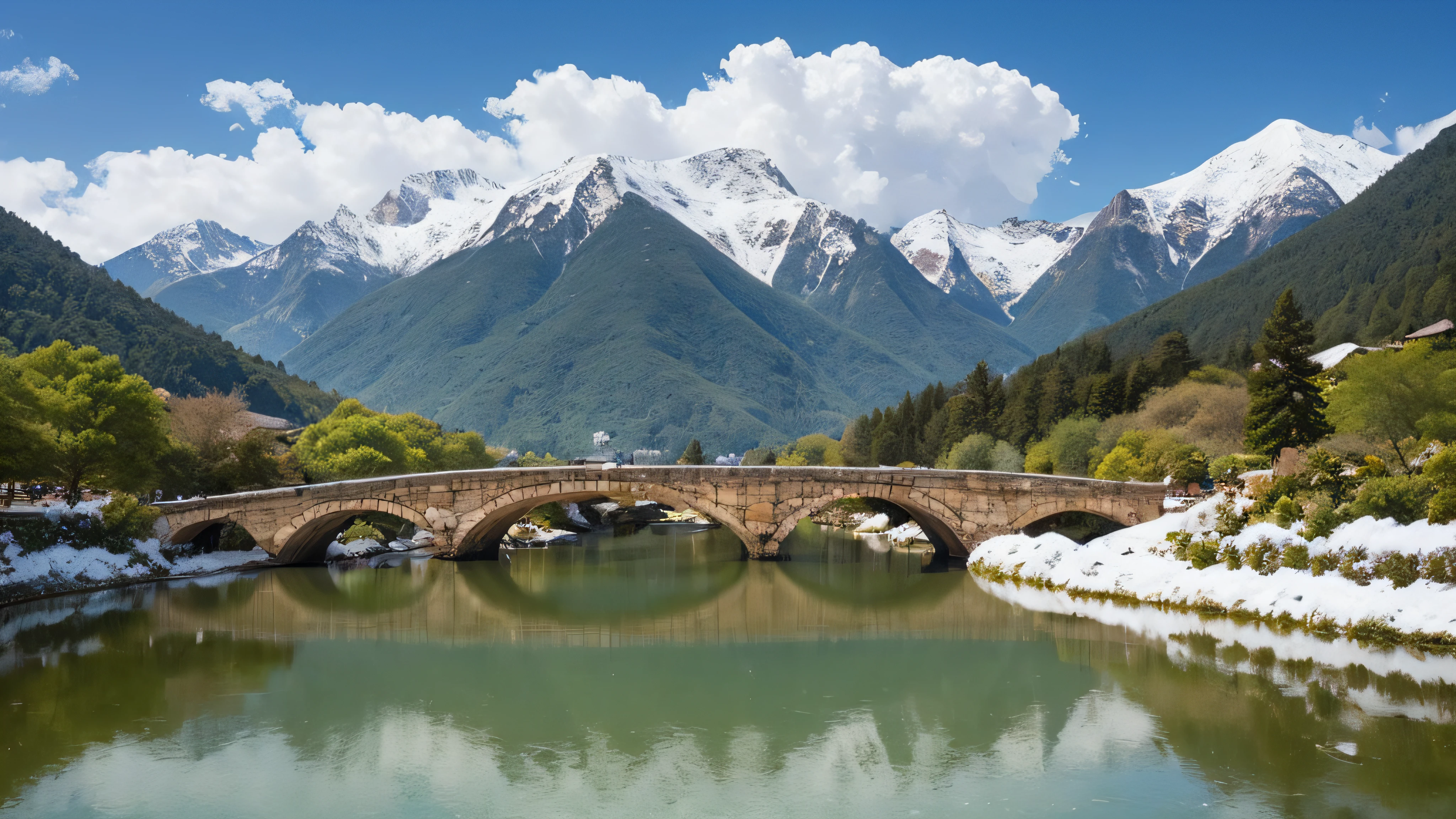Chinese architecture, ((snowing)), wisteria, Mountains and rivers, clouds (high detial: 1.2), fine details.