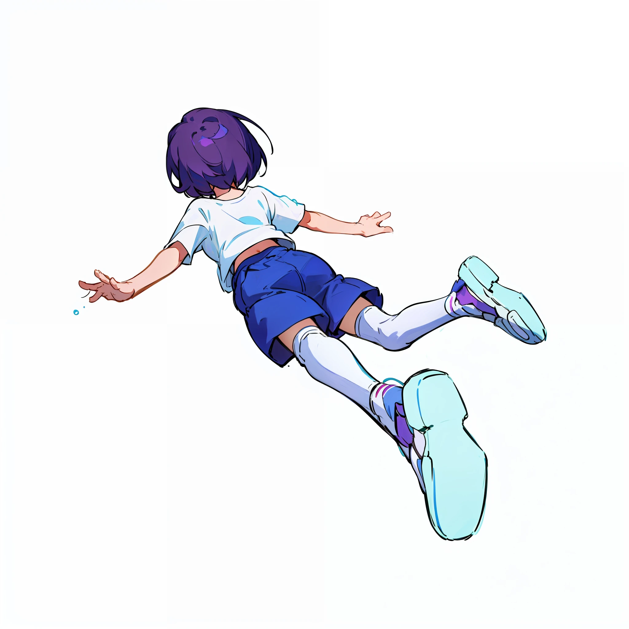 8K,Cartoon girl flying in the air, littlegirl, 2 d anime style, the anime girl is crouching, she is floating in the air, lying dynamic pose, character is flying, flying anime esper, Short dark purple hair, white t shirt,Blue Short,White knee-length socks,Light blue sneakers, flat anime style, 2d anime, Japanese animation style, white backdrop,anime pose,best qualitiy