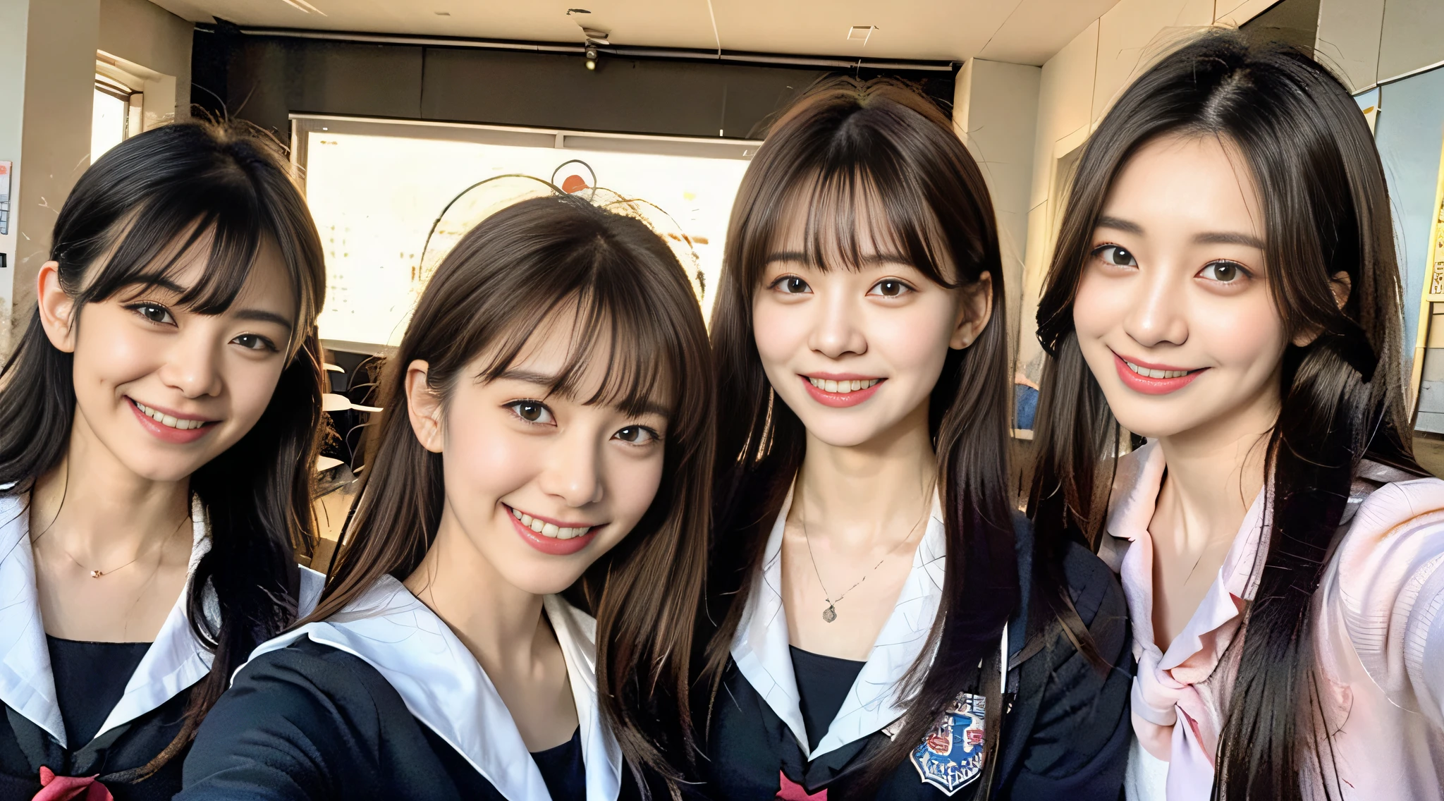 (8K、Raw photography、Top  Quality、巨作:1.2)、ultra detaild、Super Resolution、A school full of heart、(photorealestic:1.5)、portlate、Amazingly beautiful lighting、high resolution RAW color photo、professional picture、an extremely detailed and beautiful、（A classroom full of hearts）Mouth open、（Putting out leaves and smiling）kawaii pose、White Skin Skin、Fair-skinned female proofreading、An ultra-high picture quality、8K Wallpapers、amazing detailed、、Beautiful girls in very detailed、Faces with different patterns、Having a conversation in a classroom at school、Brown hair shining in the light、One has a ponytail、、Modern cute high school girl、Very detailed face Very detailed eyes、Very realistic skin、 extremely detailed fingers, extremely detailed nose, extremely detailed mouth, flawless anatomy, Highly detailed sailor suit、highly detailed back ground,After school、Smiling school girls are gathered in the hallway of the school。They are in uniform、The blackboard is faintly visible in the background.。Light from bright windows illuminates the classroom、Long straight hair, (Blunt bangs:1.3),  、Schoolgirl youth　Celebrity-level cuteness　、（Pink Eye Shadow）((Drawing a heart picture under the eyes)) Heart、♡