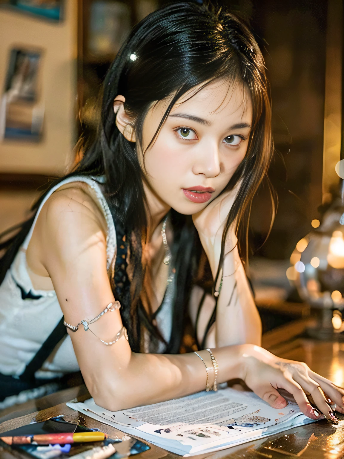 (RAW Photo, Best Quality), (Real, Photo Realism: 1.3), Best Quality, Highly Detailed, Masterpiece, Ultra Detailed, Illustration, 1 Girl, Upper Body, Dynamic Angle, World Mastery Theater, Messy_Long Hair, Best Quality, Very Detailed CG Unified 8K Wallpaper, Ink, Amazing, Movie Lights, Lens_Flash, Dunhuang_Style
