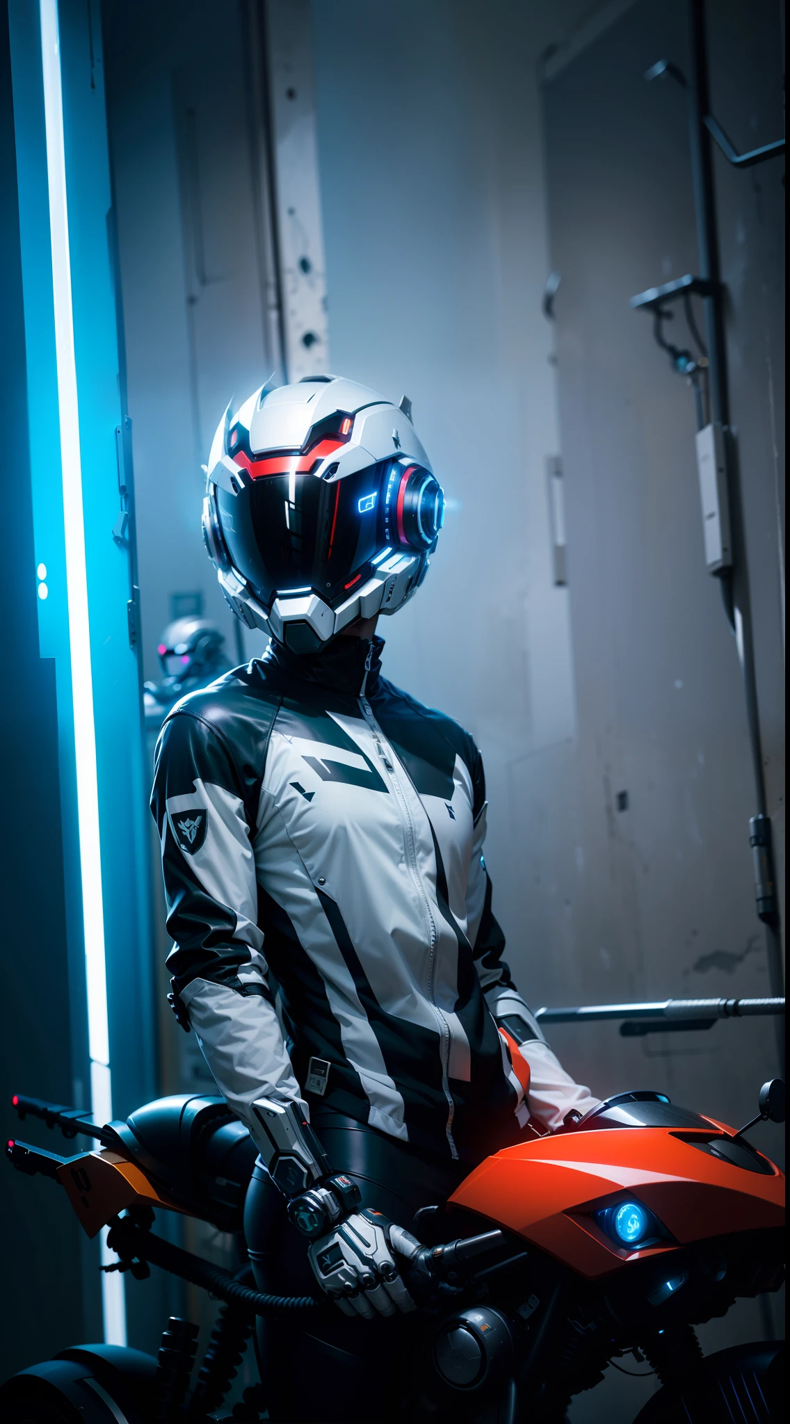 Handsome white short-haired cyber-handsome warrior with black mech,Gray cyberpunk mech,High-tech black full enveloping helmet,white short hair,Nousr, Biomechanics, MSHN Robot Man,High-tech helmet,hyperrealitic, Steel, Complex design, crazy detail, finely detailled, Extremely clear lines, cinematic lighting, photo realistic, A Detailed Masterpiece