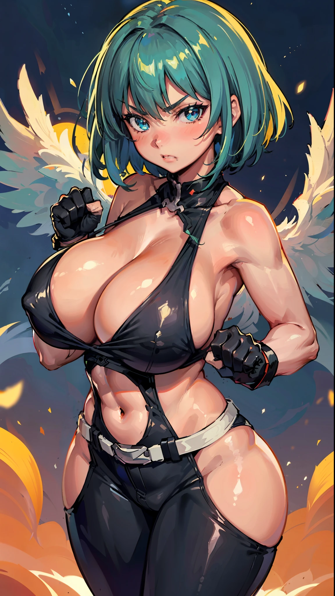 Waifu, masterpiece, curvy, breasts, random hairs, random colors, full sunset, gloves, 1girl, bulma, cleavage, large breasts, tank top, blue eyes, rating:explicit,rule34, hardcore, tits,,clenched hands, punching, night, sky, jumpsuit, pants, bare shoulders, clenched hand, rating:questionable, short hair, belt, green hair, solo, angry, orange gloves, lip biting(gigantic and massive tits:1.1), breasts, official illustration, illustration, detailed face, beautiful intricate eyes, curvy milf, 1:2), closeup, titsnipples