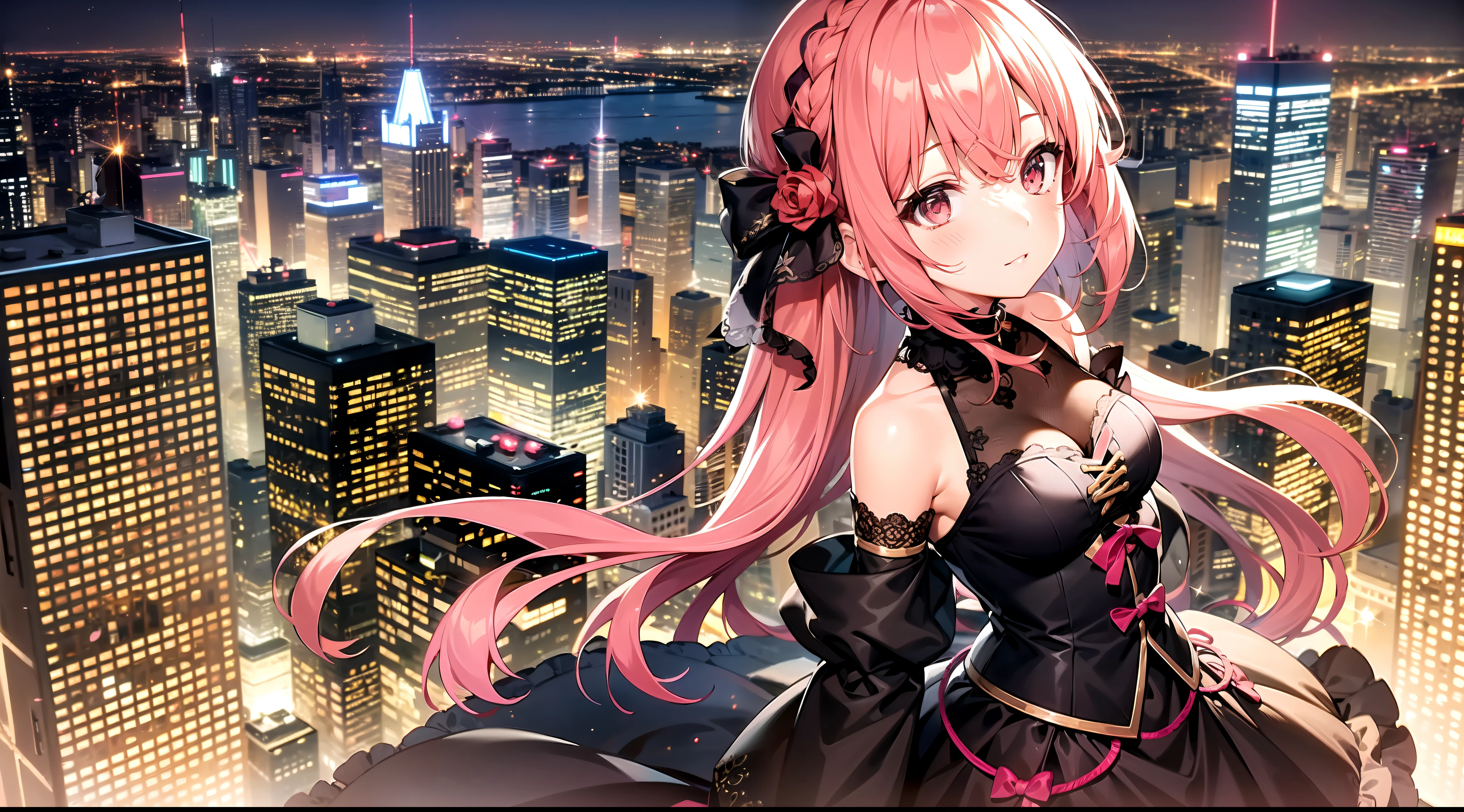 one girl at balcony, pink hair, night, high quality, high detail