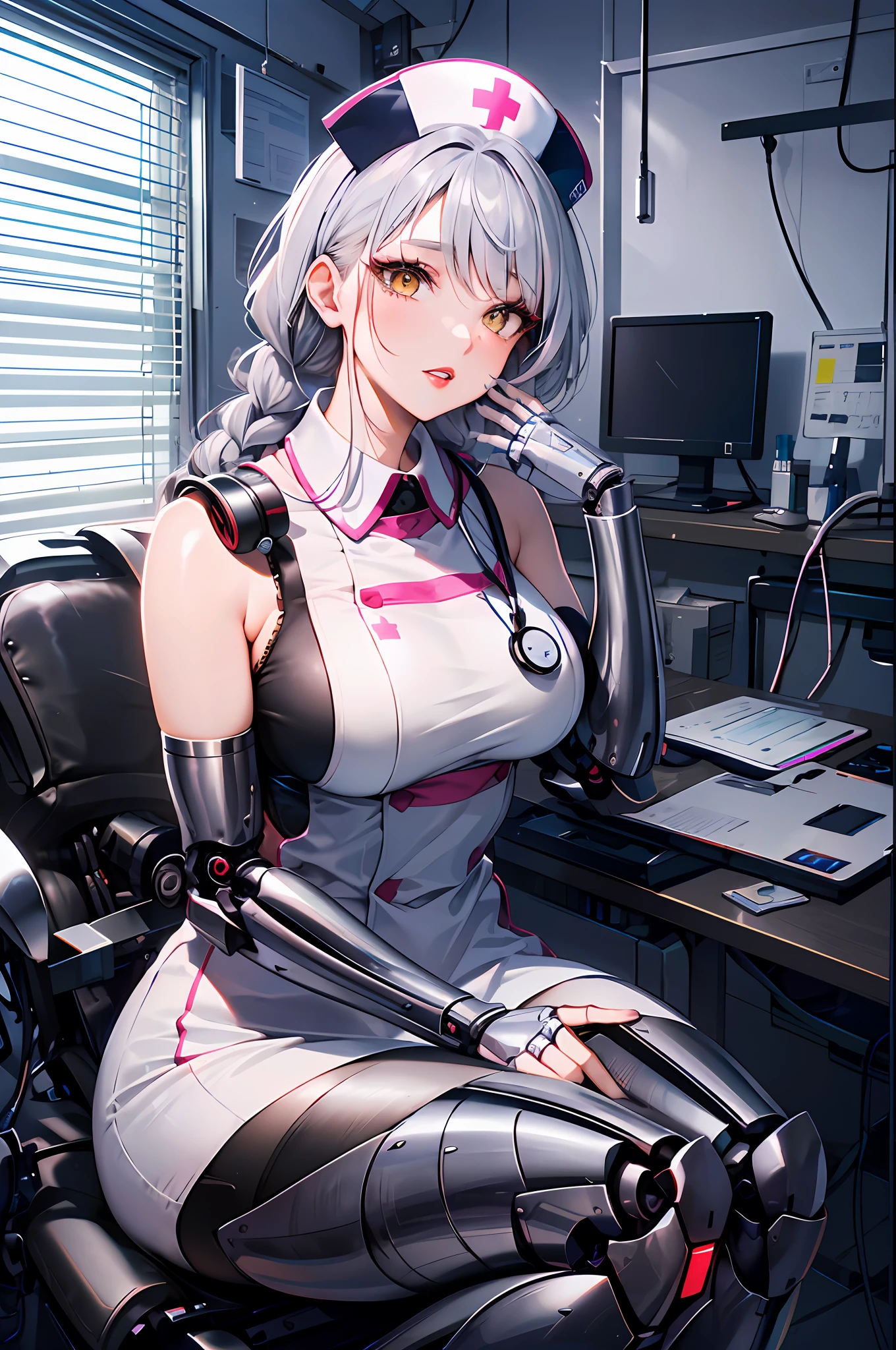 Top quality, masterpiece, fine detail, super detailed, accurate depiction, highly detailed 8k wallpaper, beautiful mechanical woman, solo, (yellow eyes), (sexy mechanical woman: 1.3), five perfect fingers, (sleeveless pink nurse clothes: 1.1), (mechanical joints, mechanical arms, mechanical legs: 1.2), (long eyelashes, red lips), nurse cap, (gray hair, Braid), (hospital), radiograph, Stethoscope, monitor, Examination room,