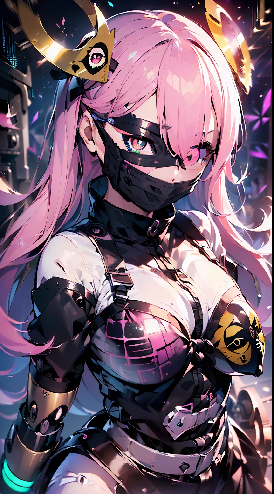 (One eye exposure mechanical mask:2)(machine girl:2)(((Masterpiece))),((ultra detaild,Best Quality, highly resolution, 8K Wallpaper, beautiful Clothes,)),ful body:2,Fulll body Shot (1 girl)((Pink hair, Long hair,Straight hair,two side up)) (Green eyes),eyeshadows, eyelines,Glow Eyes, Hyper-Detailed Eyes, intricate eyes, Beautiful eyes, ((Glowing pink pupils))18 years old girls.break((high contrast RGB effect, LED effect, kaleidoscope effect, shining effect, ripple effect, glitter RGB effect)) (black background: 1.5)((high contrast RGB effect, LED effect, kaleidoscope effect, shining effect, ripple effect, glitter RGB effect)) (black background: 1.5)