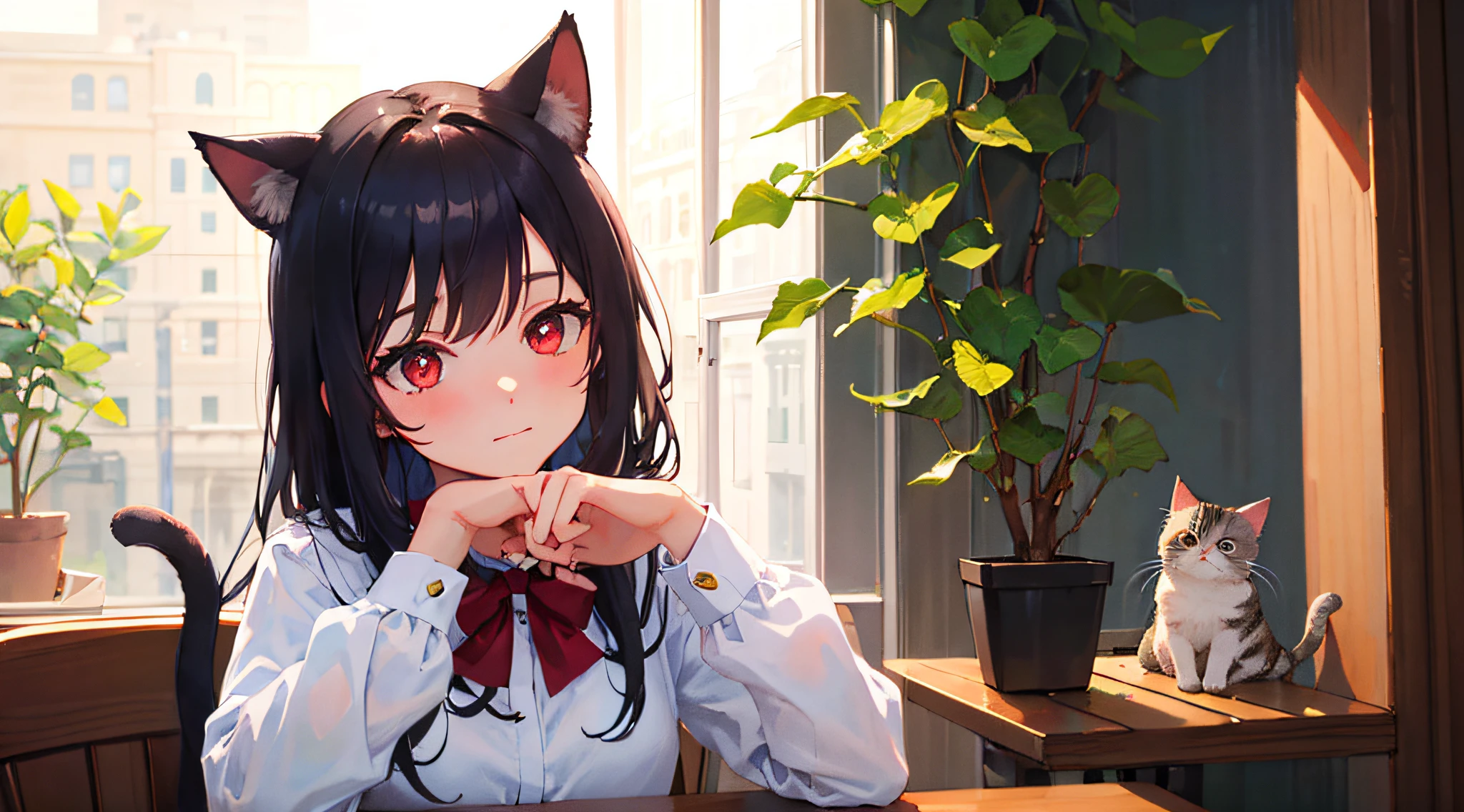 (masterpiece), (best quality), (intricate_details:1.1), (finely detailed:1.4), (distinct_image:1.2), (cafe background), solo girl, cute, (face focus), shiny red eyes/black hair, cat ears, vine, smooth lighting, shirt,