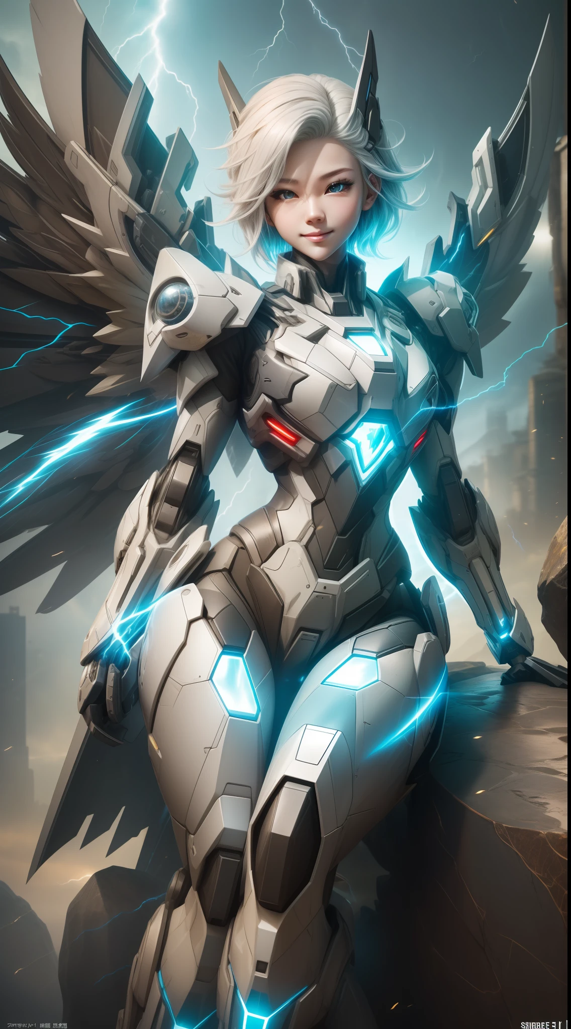 8K,Girl with white hair，The eyes are light blue and intricate details，Full-length gray hair with highly intricate details，（nmasterpiece，Sideslit，Fine beautiful eyes：1.2）,hdr,Tall mech behind the girl，The mech has a gun in his left hand，The mech has a barrel on the shoulder，The mech has flying wings on its back，nmasterpiece，best qualitiy，high qulity，high-definition，High-quality textures，High-quality shadows，high detailes，extremely lifelike，Cinematic light，Sideslit，lense flare，raytraced，Sharp focus，Digital photography，Void 5 energy lightning storm, (Chinese girl, Black eyes: 1.5), Pale skin, Glowing skin, ( Sitting on a stone: 1.5), Delicate face, Black hair, Smile with（0.75）