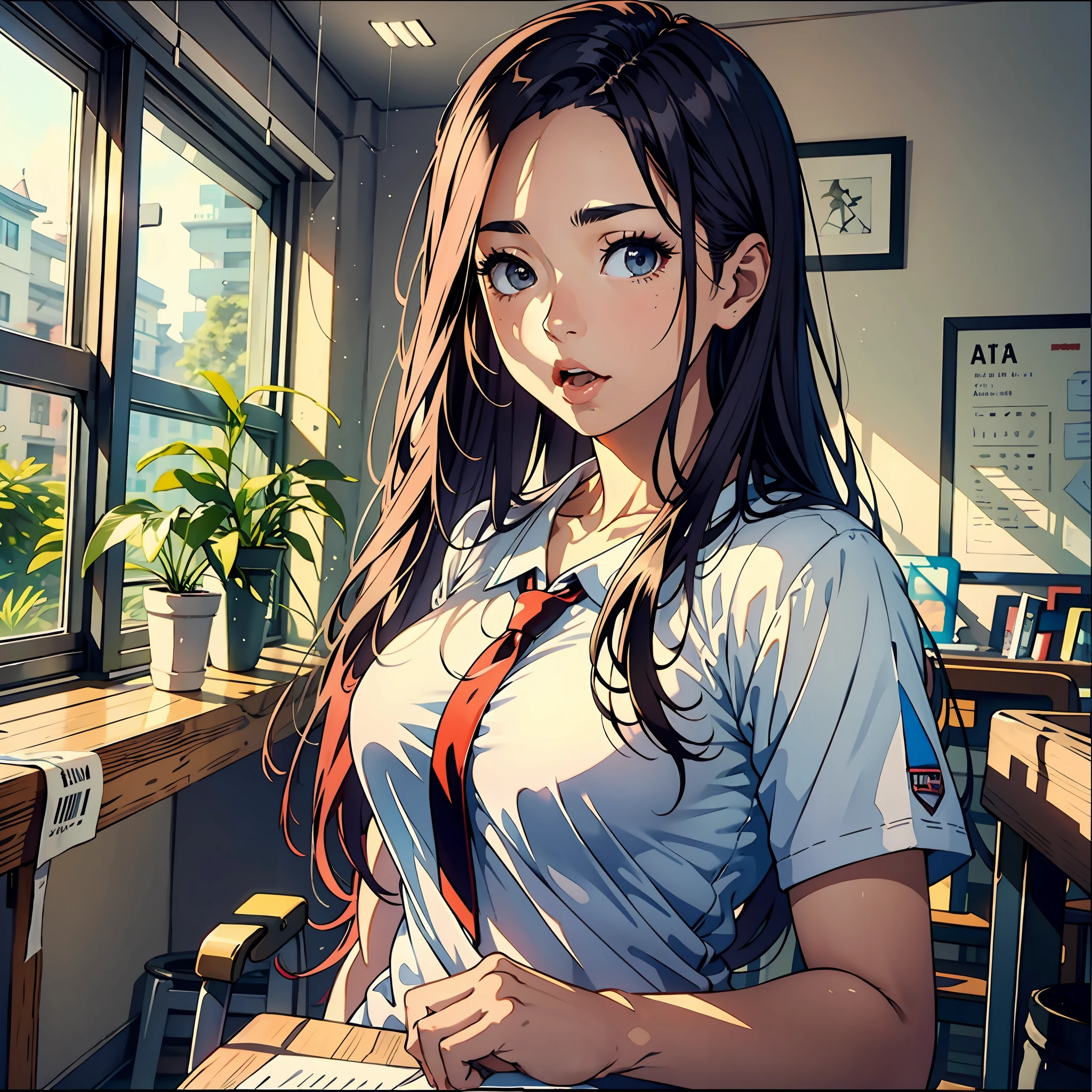 schools，school room，A 17-year-old female classmate sat in her seat and stared ahead，Nice white eyes，cabelos preto e longos，pupils constricted，longeyelashes, eyeball, wide eyed, mouth gaping，A surprised expression，Masterpiece of the best quality，8K，intensely detailed，hight quality，highly resolution