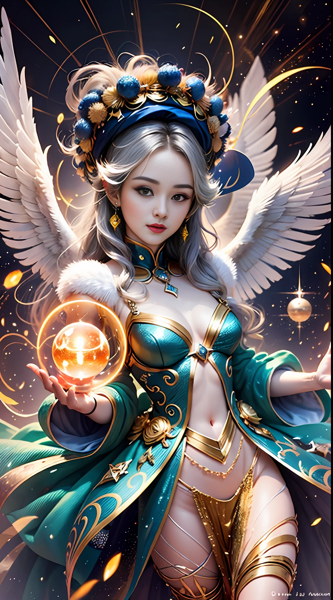 hi,ela!Please create a creature of light,beautiful angel,Magical Spirit of Light。Explore your creativity,Depicting this mysterious and fictional creature。using vibrant colors、Unique shapes and interesting textures,Make your images unique and engaging。I'm glad to see you on the whole body,(Light、light ring,An angel、enchanted、Magic Ball,spell casting,A ball of light surrounds you,photosphere,Magical elements,Magic fluctuations,DOA)of artistic interpretation,