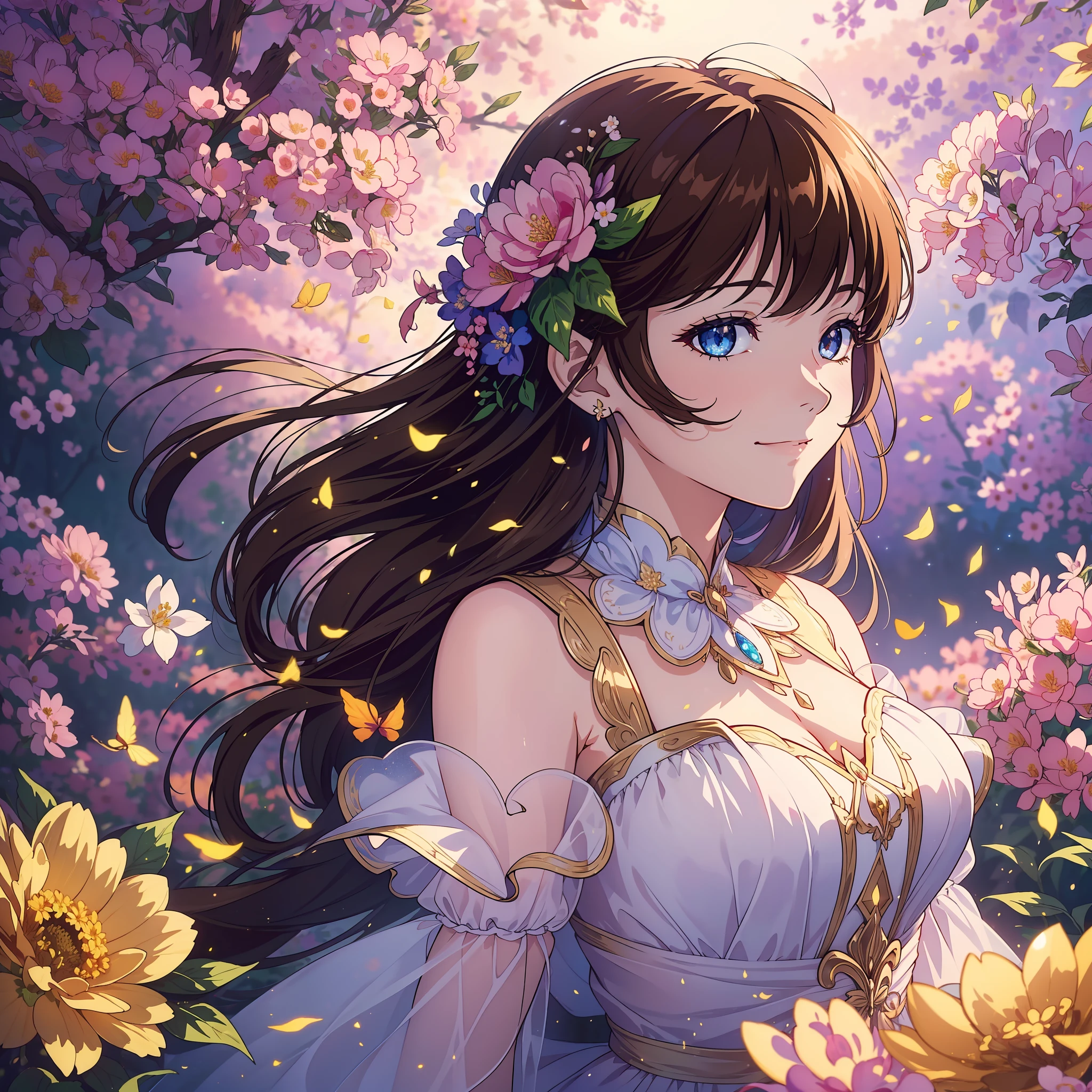 (extremely detailed CG unity 8k wallpaper,masterpiece, best quality, ultra-detailed),(best illumination, best shadow, an extremely delicate and beautiful),anime, floating, multicolored flowers,depth of field, beautiful dress, brunette girl,smiling,sparkling eyes.