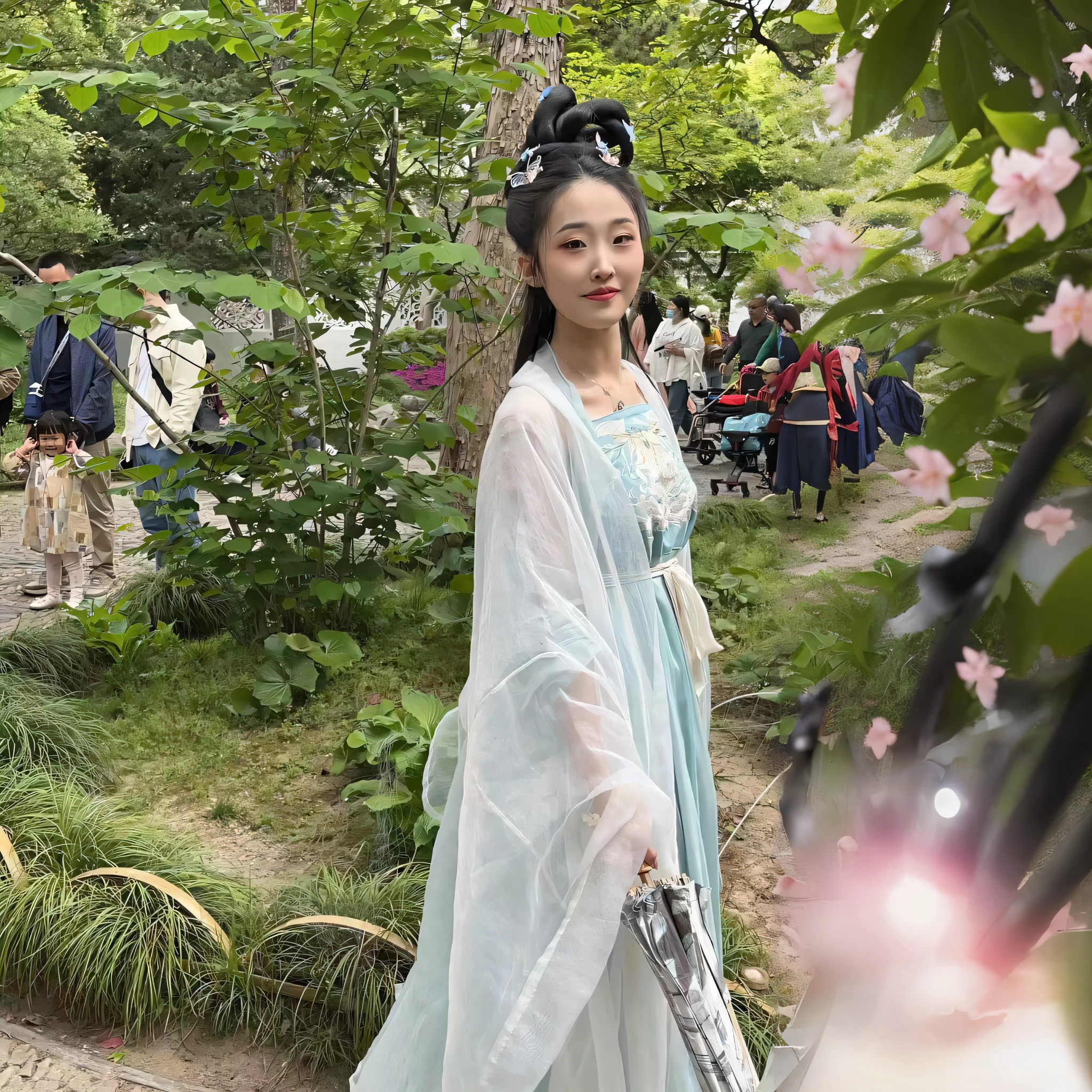 1 girl, distant girl gazing at the stars in kimono, (zoom down: 1.1), (meteor shower: 1.2), (comet: 1.1), your name, low angle, from behind, arctic wild cherry blossoms, shooting stars, yukata, red kimono, cherry blossoms, standing in the field, best quality, masterpiece, clouds, colorful, stars,