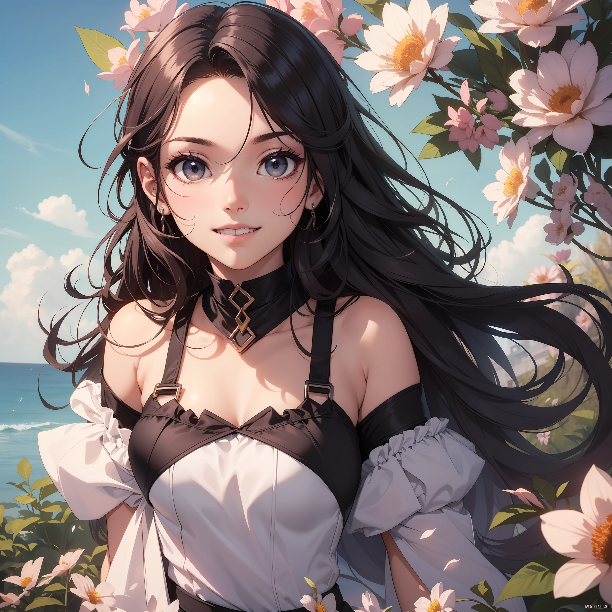 (extremamente detalhado CG unidade 8k papel de parede,Masterpiece, melhor qualidade, ultra-detalhado),(best ilumination, Melhor sombra, um extremamente delicado e bonito),anime, floating, flores multicoloridas,profundidade de campo, vestido bonito, menina morena,sorridente,olhos brilhantes.