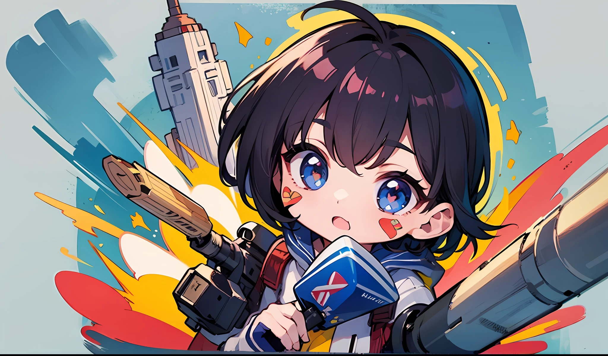 (sticker:1.5)、simple flat background、rocket launcher、Rocket launcher launch、Explode the city、Doya face、a girl、、Chibi Chara、Masterpiece