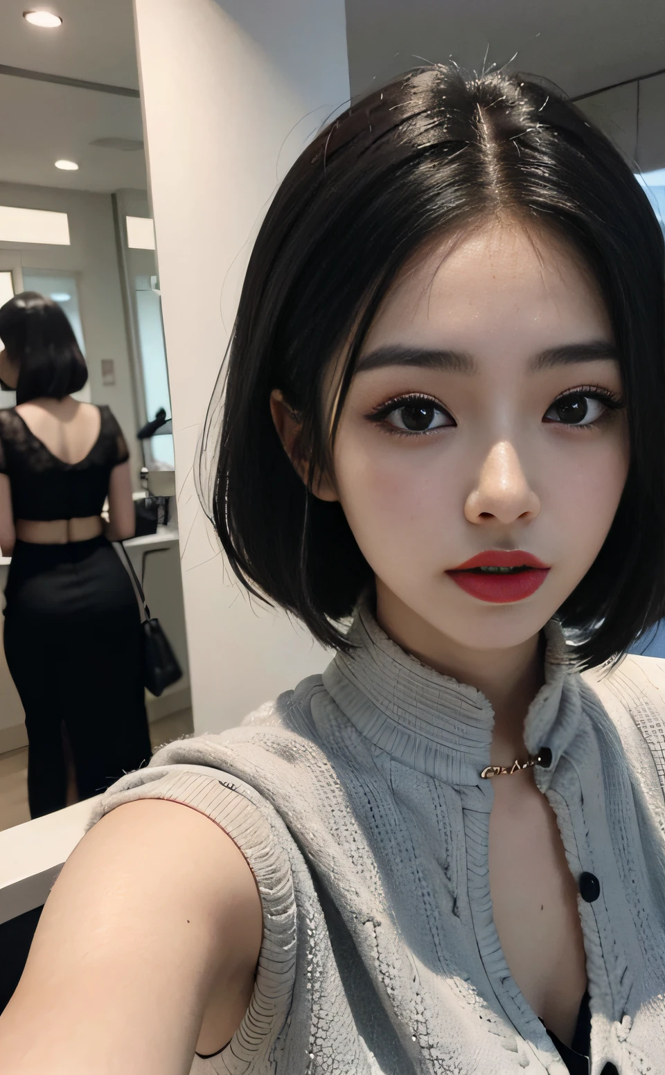 there is a woman with a black dress and red lipstick, dilraba dilmurat, with short hair, Cai Xukun's, gorgeous chinese model, 8k selfie photograph, shaxi, gorgeous korean young woman, kanliu666, Inspired by Ma Yuanyu, young cute wan asian face, xintong chen, Beautiful Korean woman
