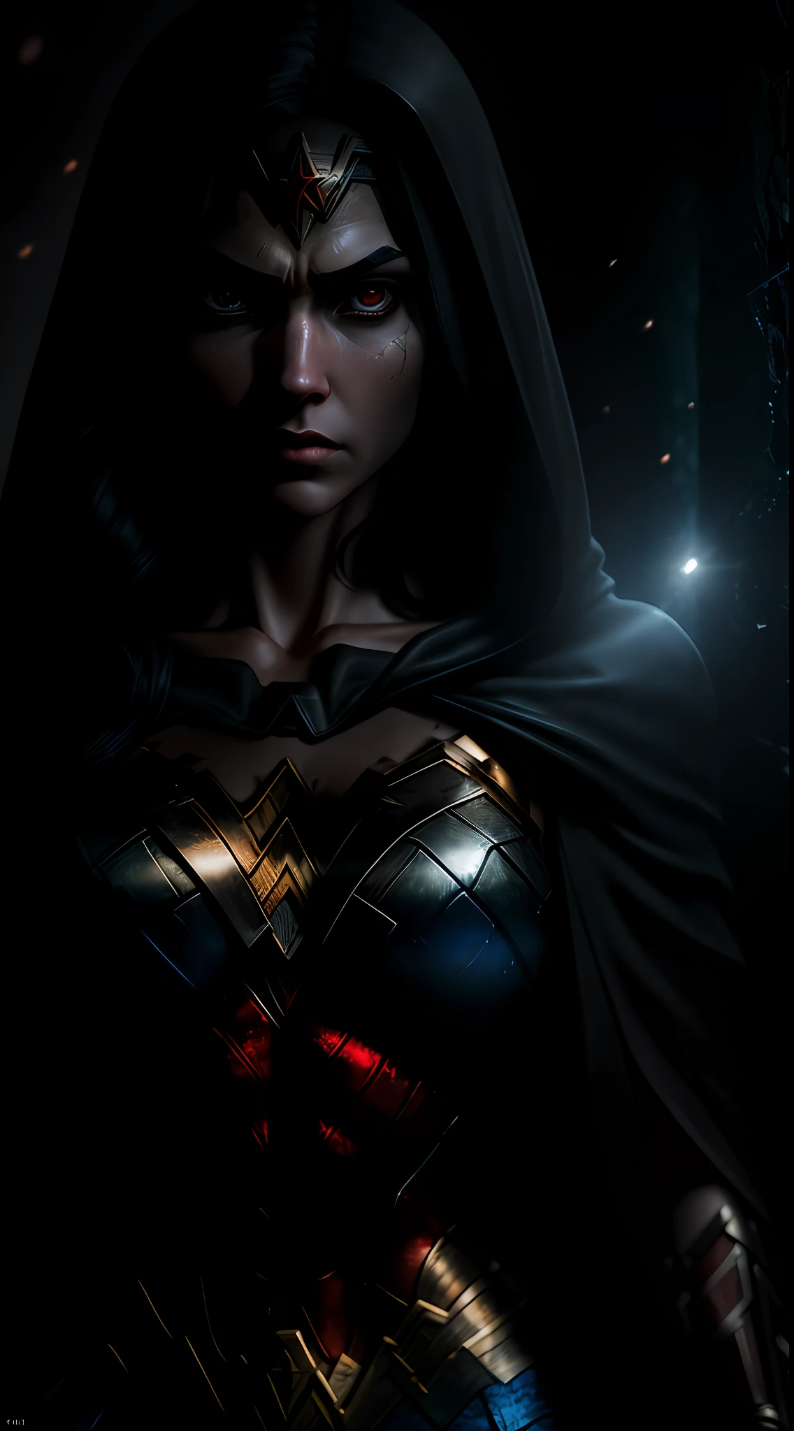 (dark shot: 1.1), epic realistic, Wonder Woman in the dark with glowing eyes and glowing cape, soft cinematic light, Adobe Lightroom, darkroom, HDR, intricate, highly detailed, (depth of field: 1.4), hyper-detail (artstation: 1.4), cinematic, warm light, dramatic light (complex details: 1.1)