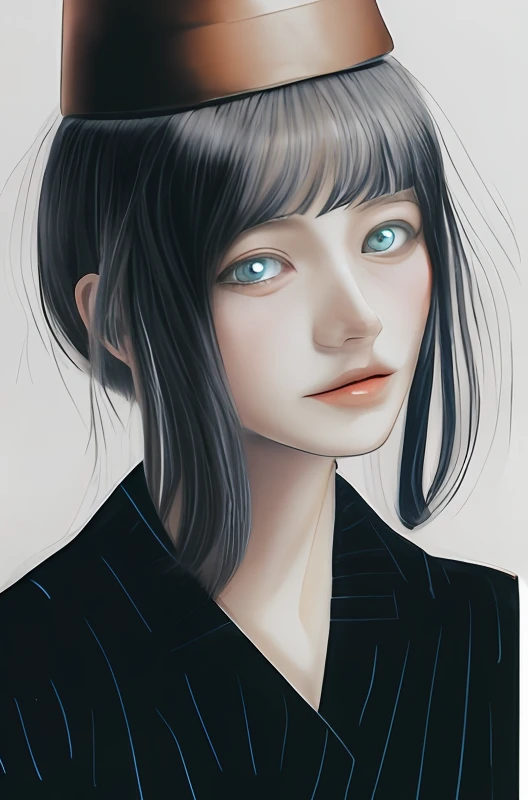 Painting of a young woman wearing a tubular black hat on her head, Realistic photo of woman with blue clear eyes Portrait of half body, inspired by Junji Ito, a manga drawing, inspired by Otake Chikuha, humanoid portrait, Portrait of an anime girl, soft portrait, half-body portrait, art style of junji ito