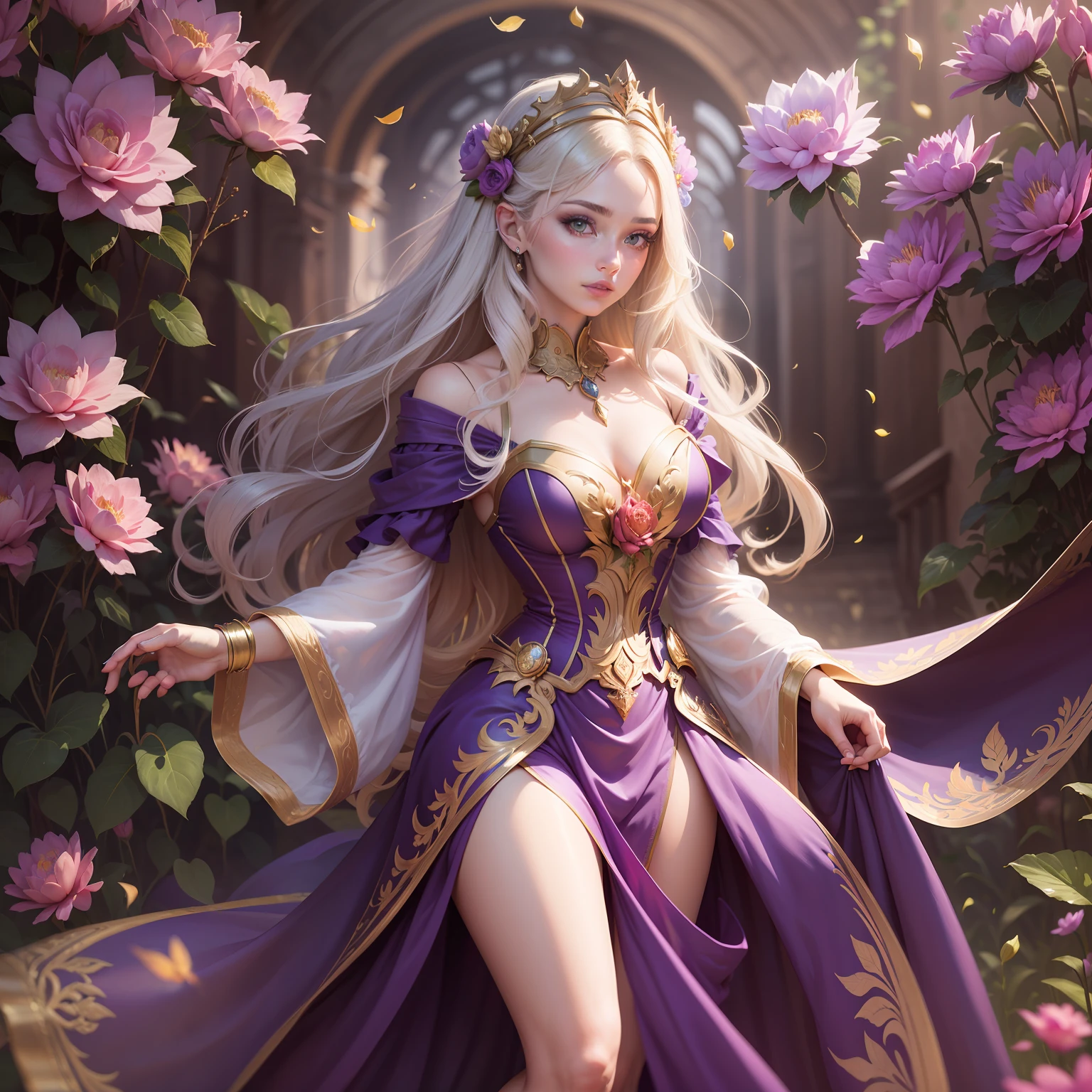 Chica de cabello rubio con un vestido dorado, posando para una foto, Diosa del anime, Fey del Bosque de Verano, Princesa del Loto Dorado, A beautiful fantasy girl, Hermosa y elegante chica, chica rasgos delicados, rostro perfecto y delicado, (alas de hada que destella colores fluorescentes, retroilumenacion, iridiscente),Diosa del verano, Con armadura que deja al descubierto parte del cuerpo en color dorado, Ella tiene perfectas y ojos increibles color dorados, parece princesa, ((A beautiful fantasy girl)), A beautiful girl