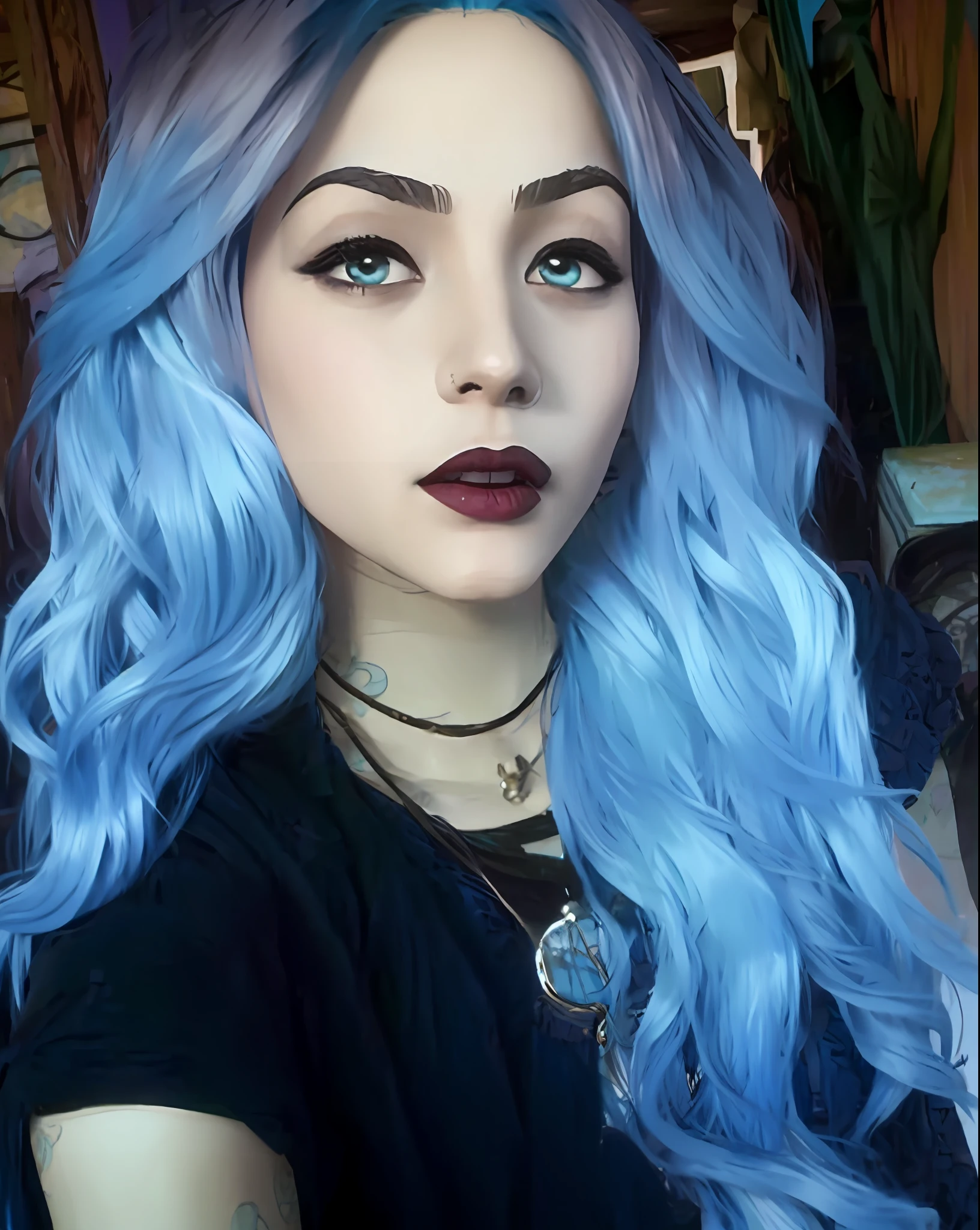 mulher arafed com cabelo azul e cabelo roxo com um top preto, bonita do cabelo azul, com cabelos azuis, meninaa com cabelo azul, cabelo azul celeste, she has pale blue skin!!!, cabelos azuis claros, penteado azul, straight sky blue hair, muito longo ondulado azul azul cabelo, com longos cabelos azul-turquesa, cabelos azuis, cabelos azuis, long flowing blue hair