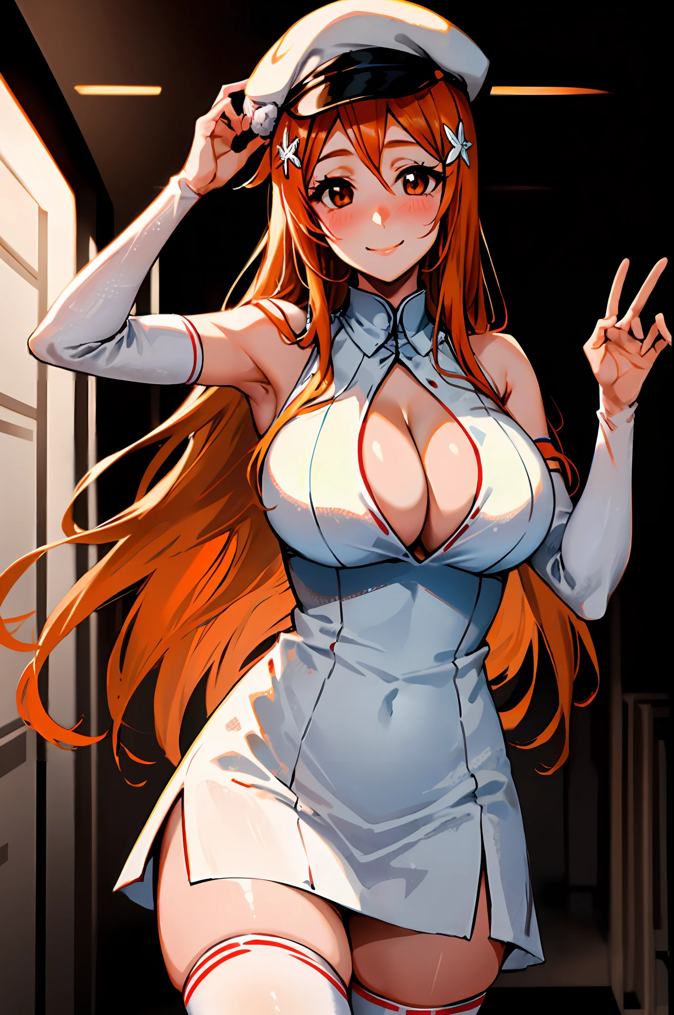 Orihime inoue, bleach, 1girl, solo, white dress,arancar dress, cleavage, hat, hair between eyes, long hair, hair ornament, looking at viewer, messy hair, orange hair, solo, thighhighs, thighs, long hair, ((masterpiece)), standing, sexy pose, blush, shy, smile, closes mouth,