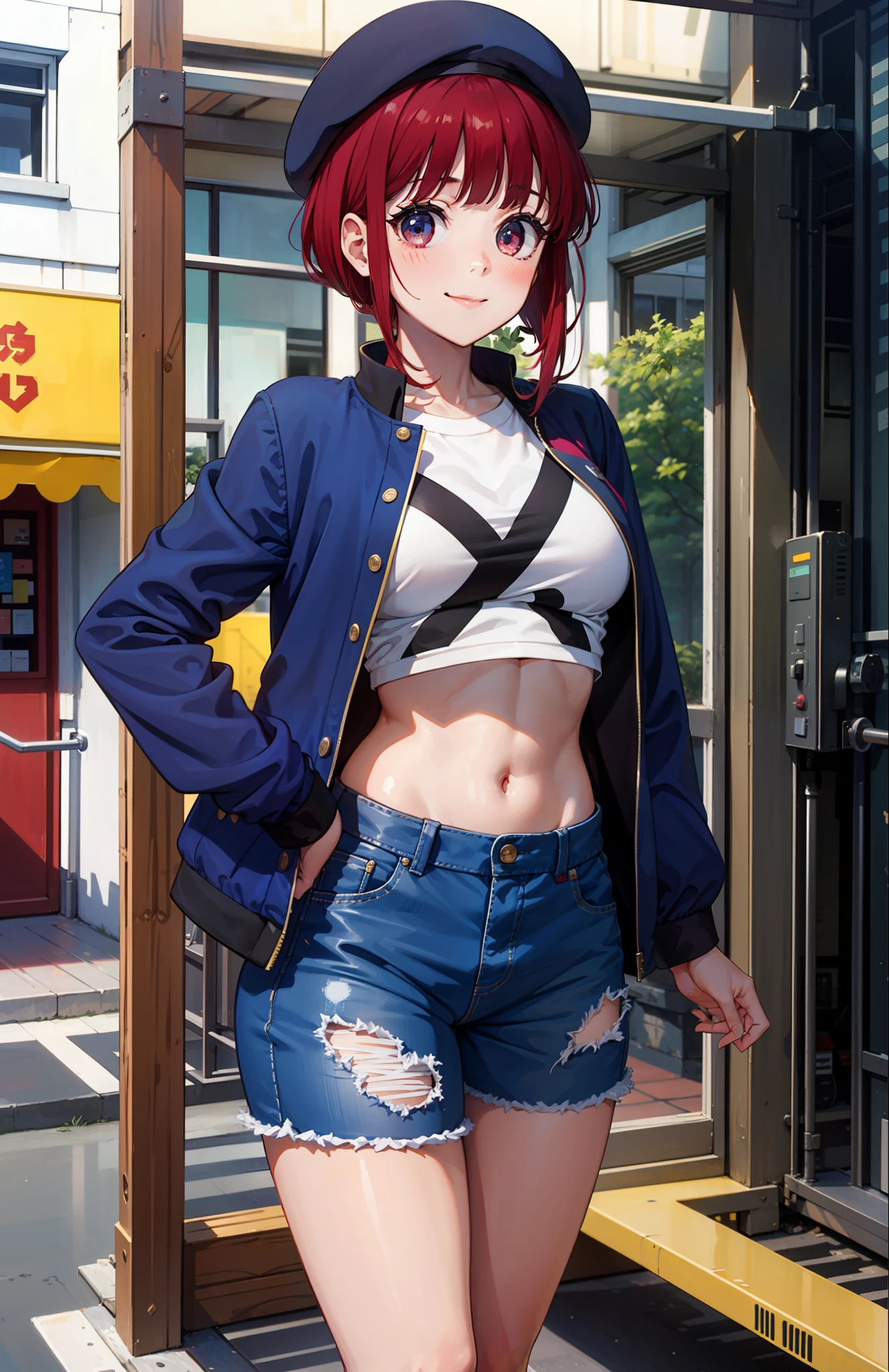 1girl, Arima Kana, hat, blue headwear, beret, blunt bangs, jacket, short jeans pants, short pants, crop top, show stomach, city road, standing, (masterpiece:1.2), highres, best quality, 8k, sexy pose, blush, shy, smile,