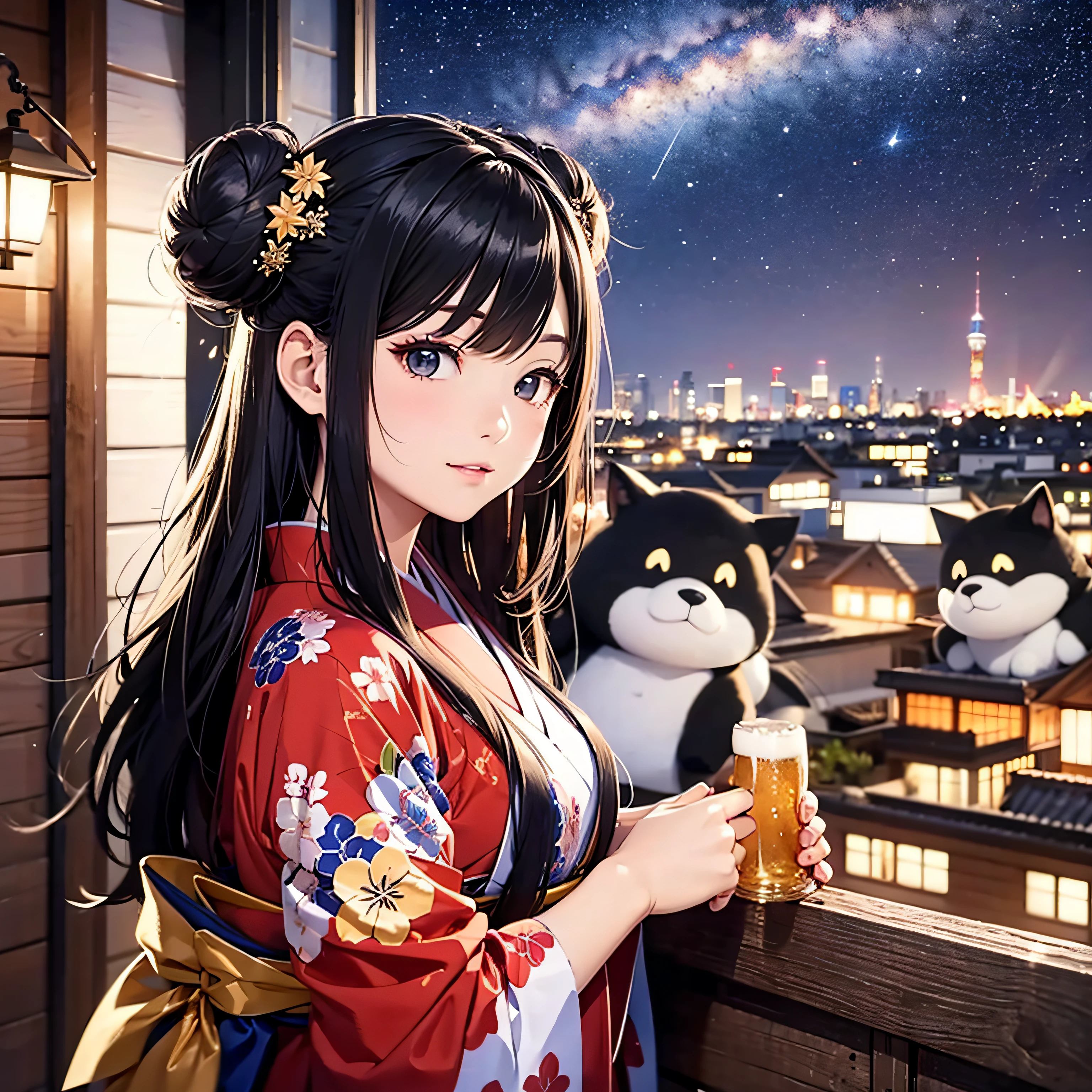 Long black hair in kimono working in rooftop beer garden1Beautiful girl clerk、up、The kimono is an apron with shortened furisode.、Bun style、Milky Way and shooting stars on a moonlit night、short-cut