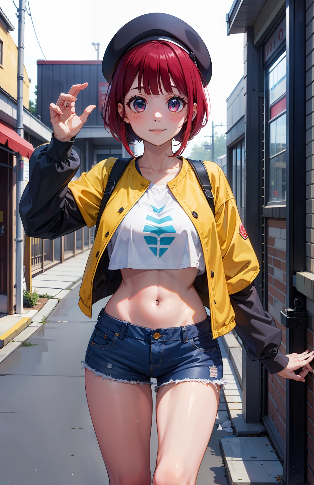 1girl, Arima Kana, hat, blue headwear, beret, blunt bangs, jacket, short jeans pants, short pants, crop top, show stomach, city road, standing, (masterpiece:1.2), highres, best quality, 8k, sexy pose, blush, shy, smile,